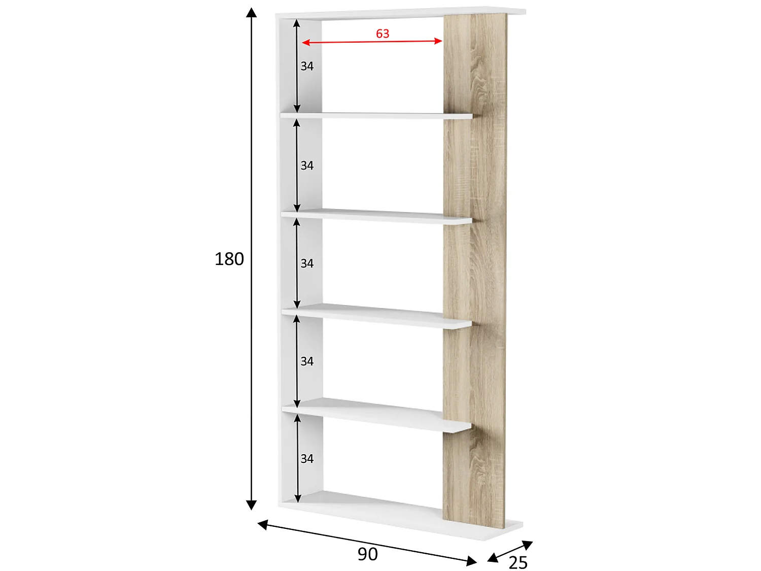 Libreria soggiorno Lugo 5 ripiani, colore bianco/rovere, 180 cm altezza
