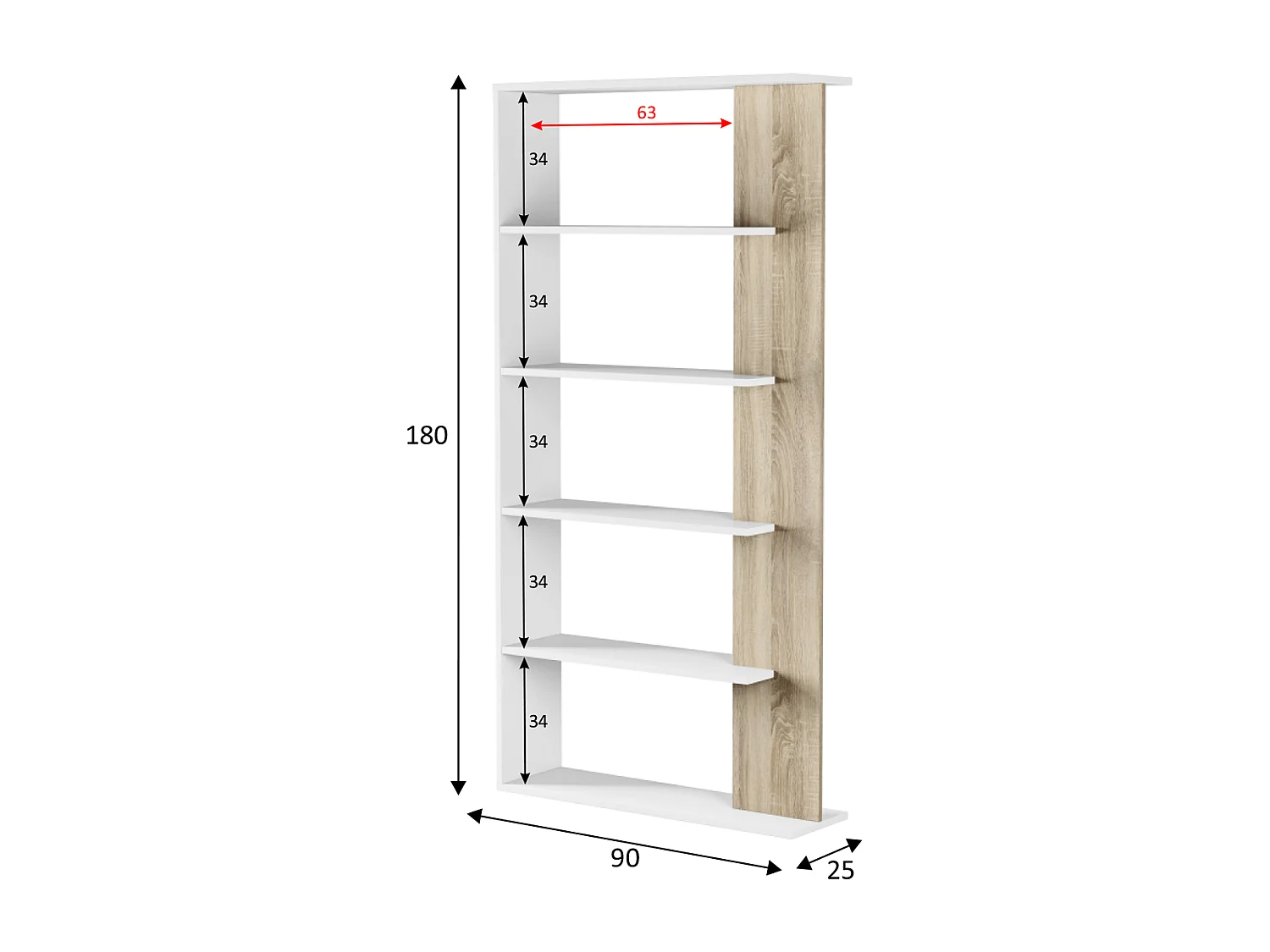 Bücherregal Lugo Weiß/Eiche 5 Fächer