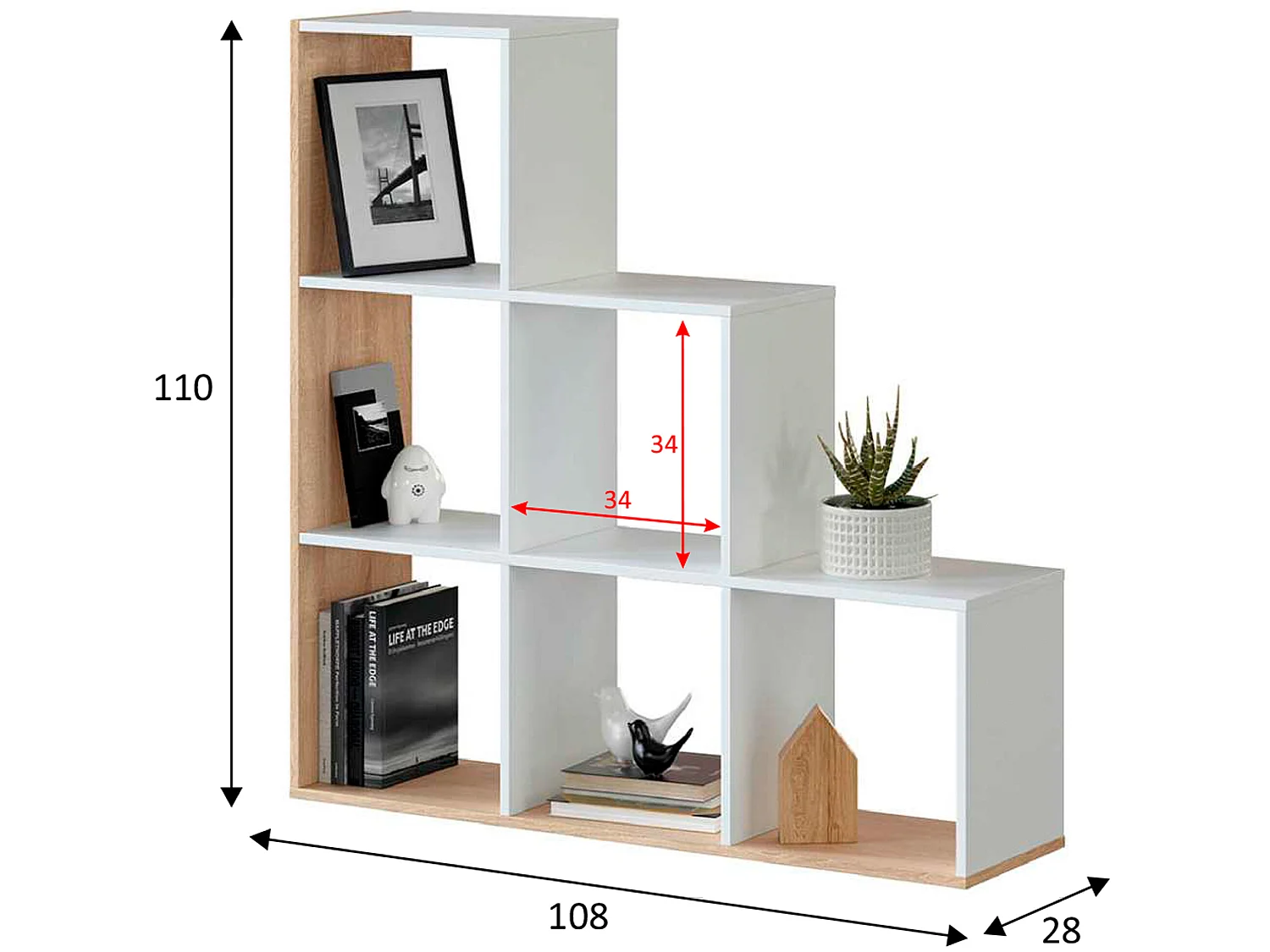 Boekenkast Estela in wit/eiken kleur, voor woonkamer, eetkamer of kantoor.