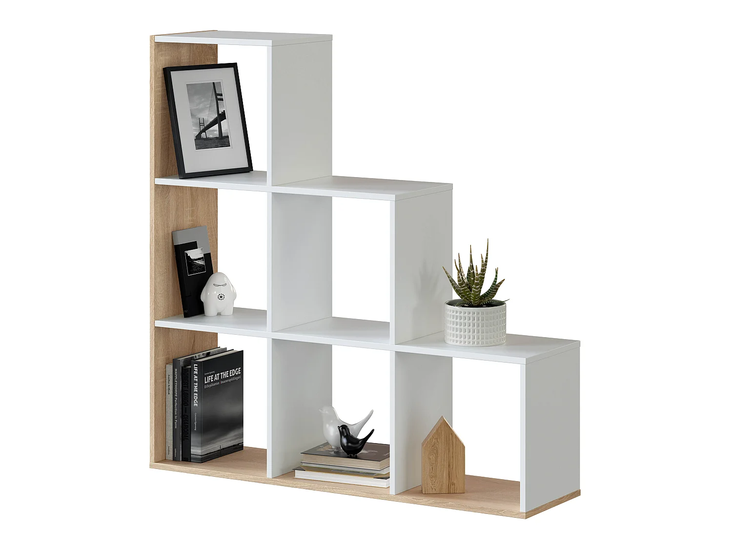 Étagère Bibliothèque Estela, Couleur Blanc/Chêne,  Salle à Manger ou Bureau
