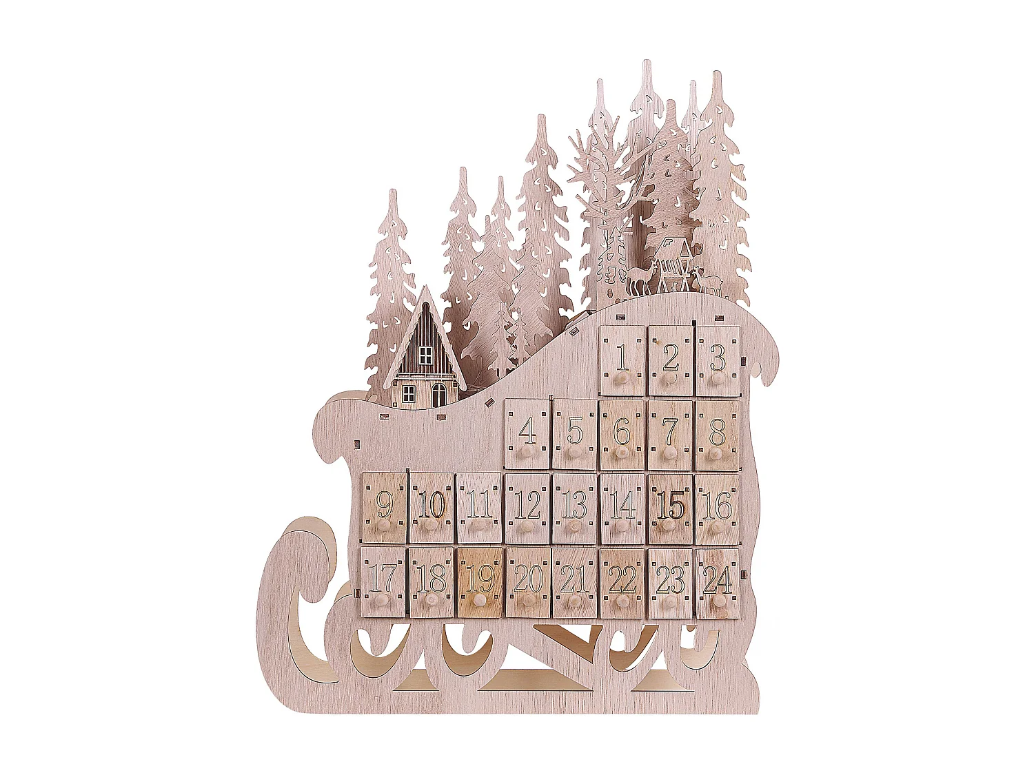 Adventskalender LED Pappelholz hellbraun Schlittenform IMPALA