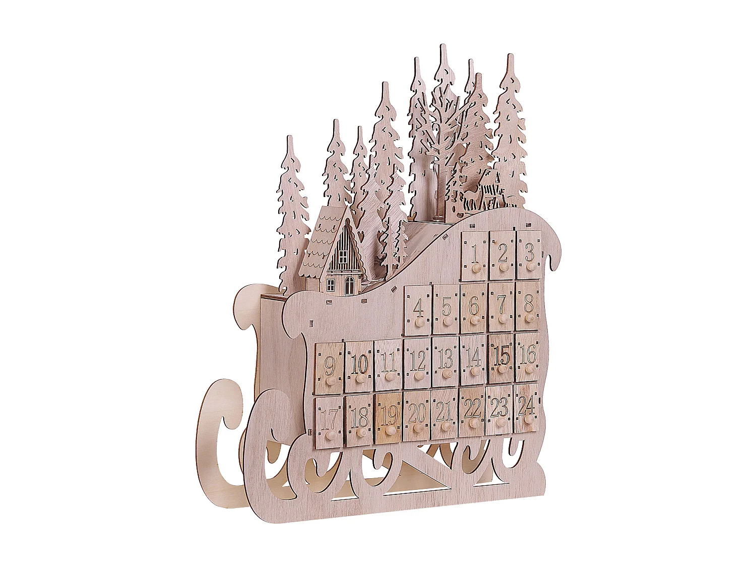 Adventskalender LED Pappelholz hellbraun Schlittenform IMPALA