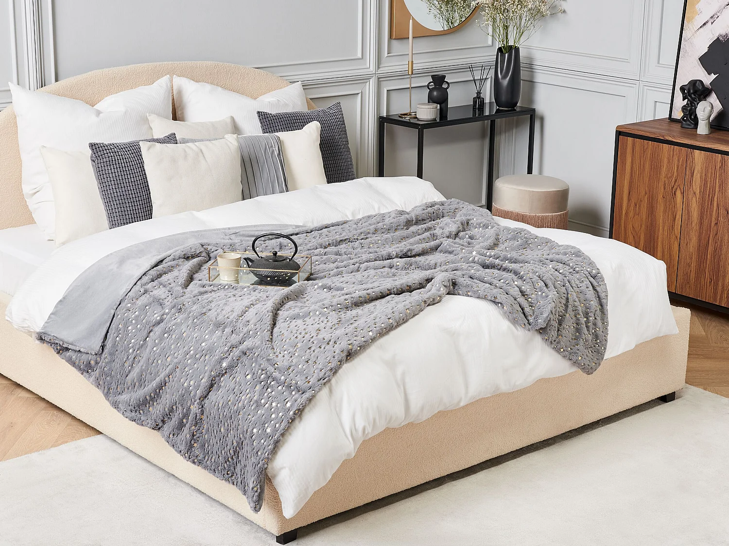 Bett Deko Decke Motiv Kuscheldecke grau mit Sternen gold 130x180 cm Alazeya