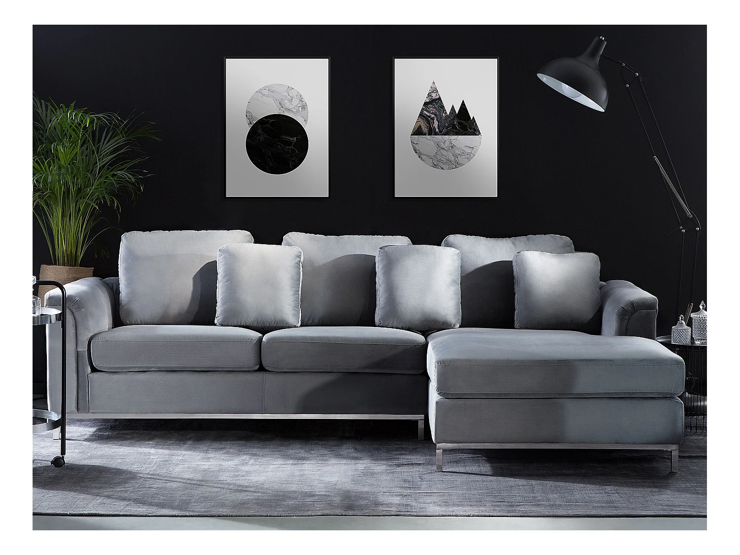 4-Sitzer Ecksofa Samt grau mit Chaiselongue links silberne Edelstahlfüße Oslo