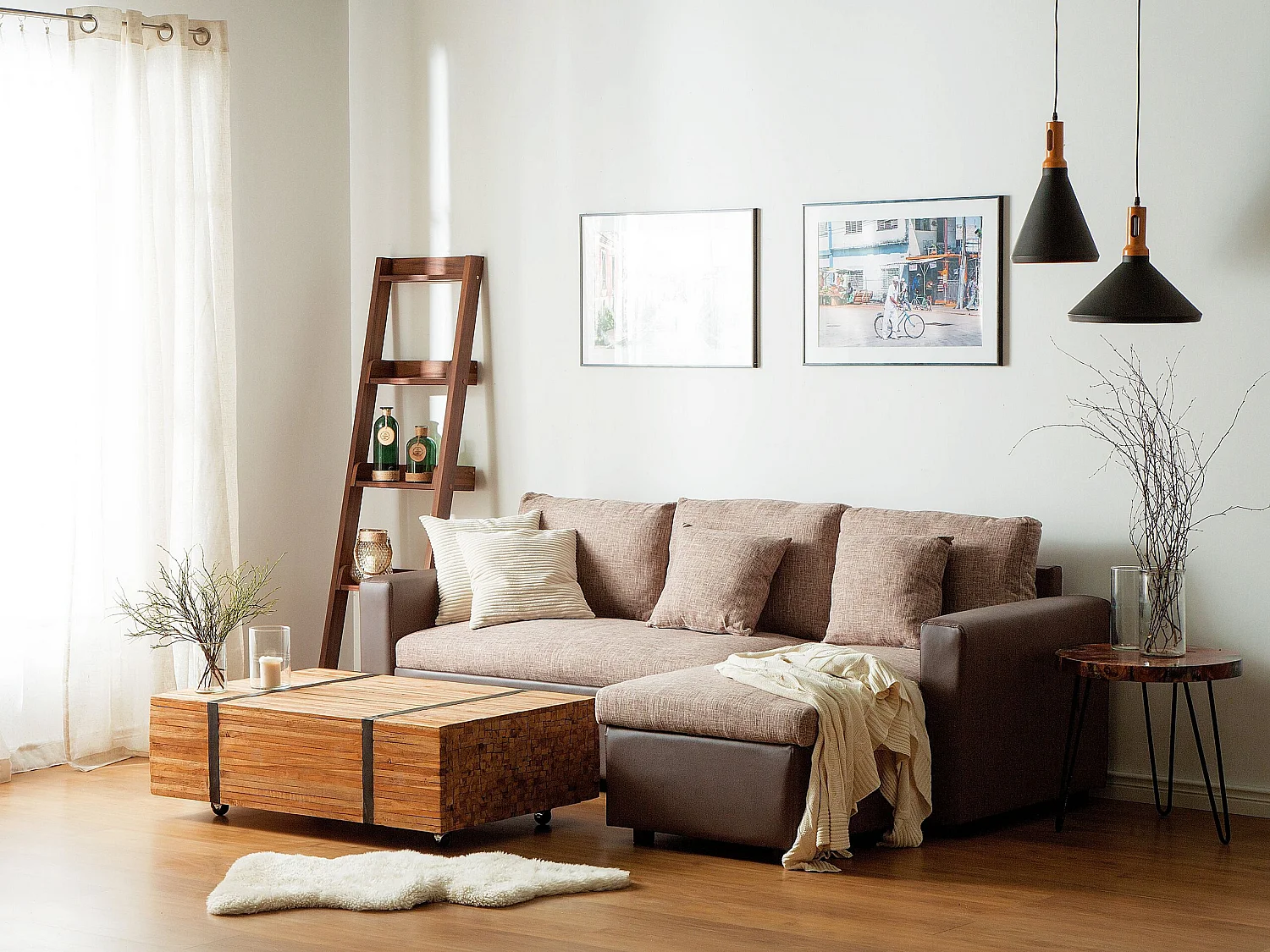 Sofá cama esquinero de poliéster marrón claro/beige izquierdo TAMPERE