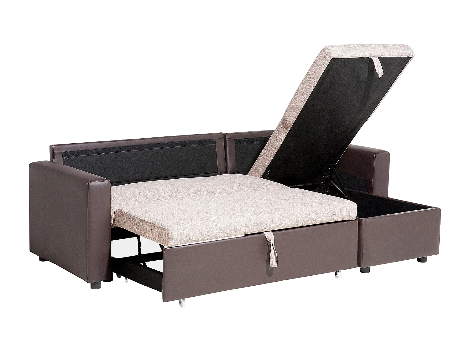 Sofá cama esquinero de poliéster marrón claro/beige izquierdo TAMPERE