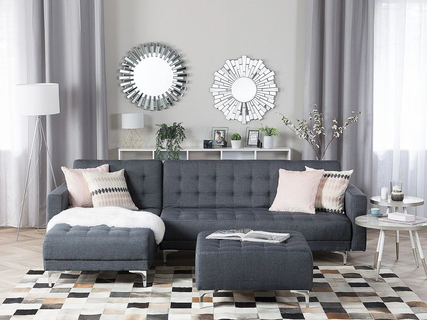 Canapé-lit d'angle modulable ABERDEEN Tissu Gris foncé avec ottoman 4 places Côté droit