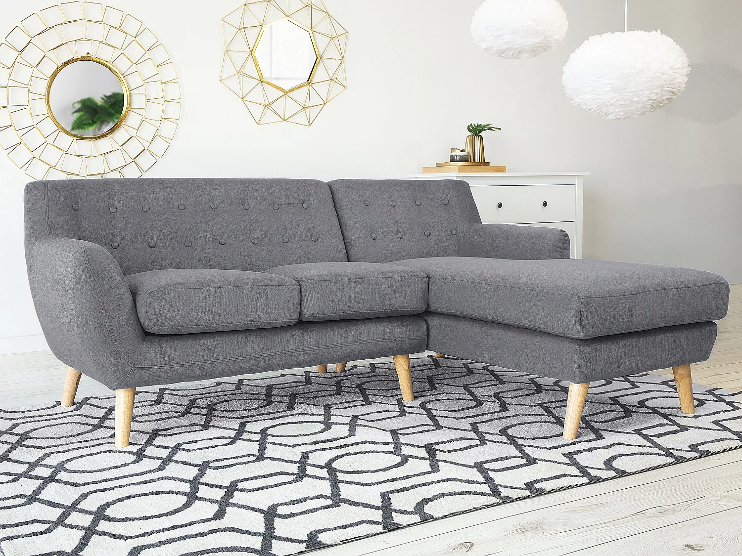 3-Sitzer Ecksofa mit Armlehnen Stoff Grau Knopfheftung Holzgestell Retro Motala