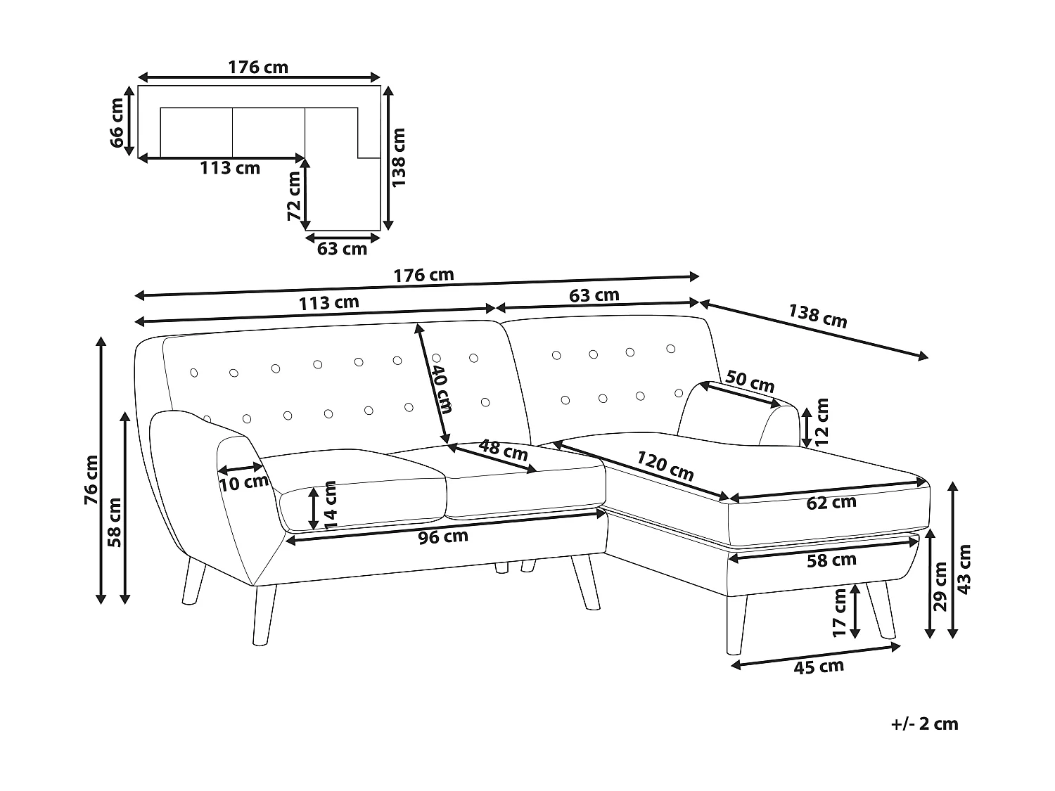 3-Sitzer Ecksofa mit Armlehnen Stoff Grau Knopfheftung Holzgestell Retro Motala