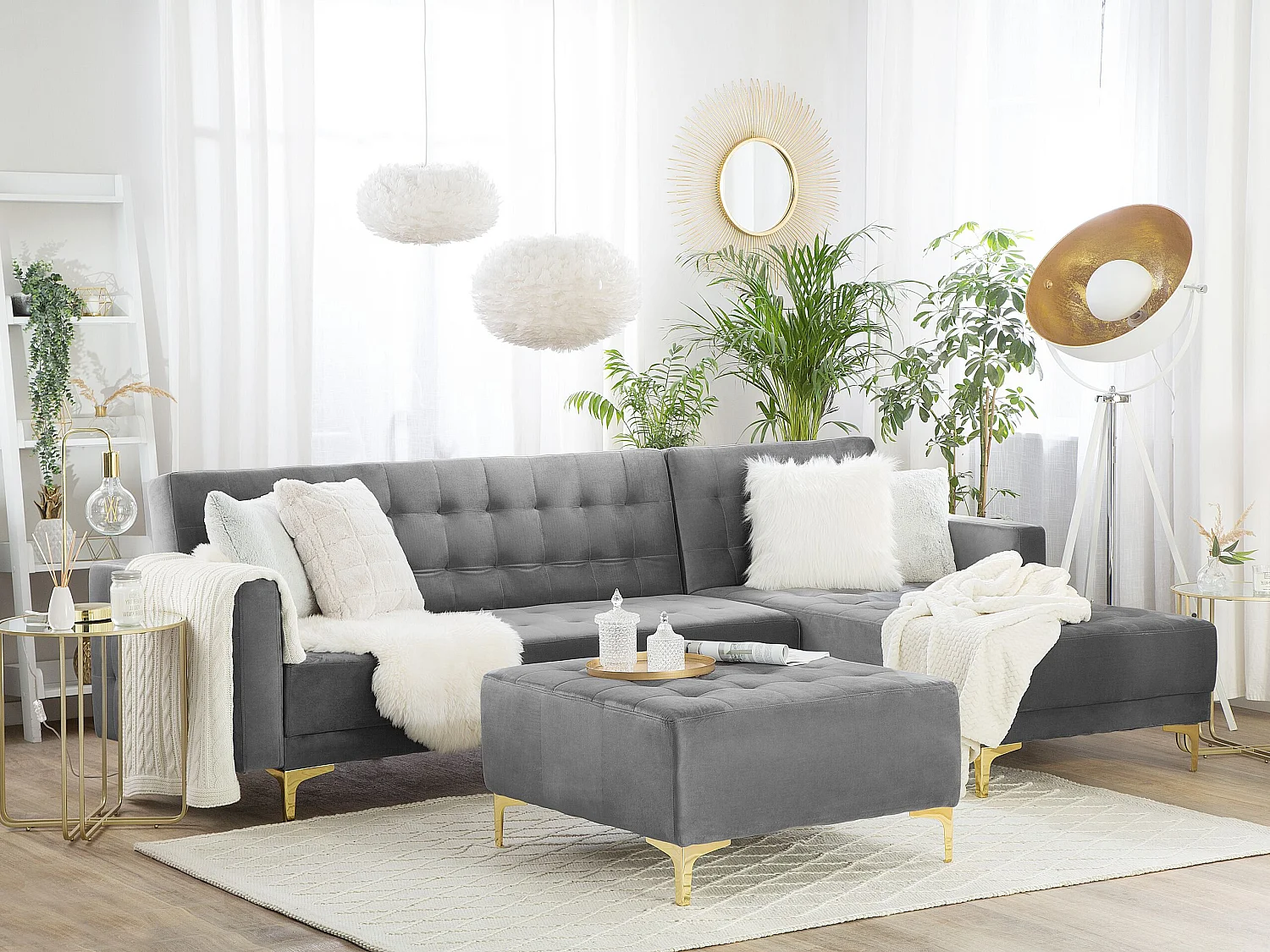 Modulaire hoekslaapbank ABERDEEN Fluweel Grijs Met ottomaan 4-zitter Linkerzijde