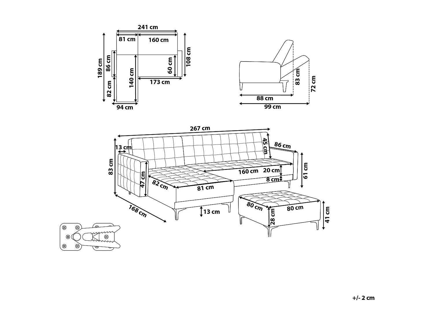 Canapé-lit d'angle modulable 4 places ABERDEEN Tissu Gris clair avec ottoman Côté droit