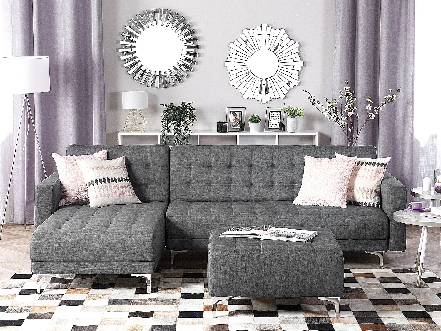 Canapé-lit d'angle modulable 4 places ABERDEEN Tissu Gris clair avec ottoman Côté droit