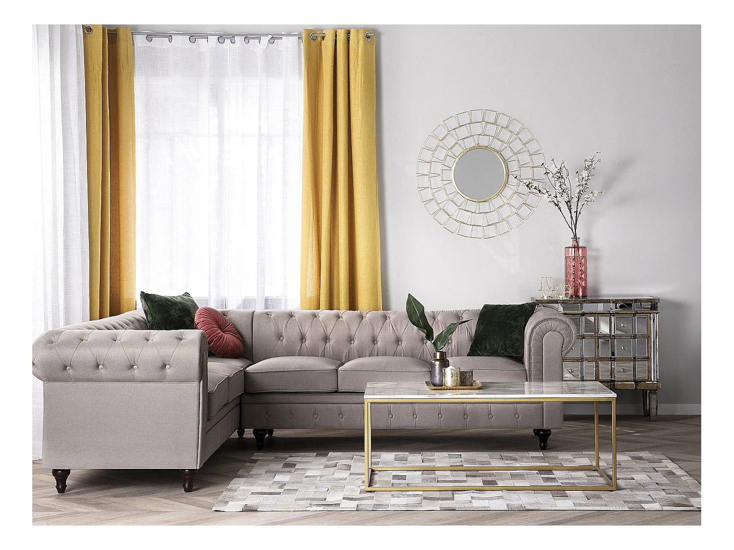 Narożnik CHESTERFIELD Beżowy dla 6 osób Prawostronny