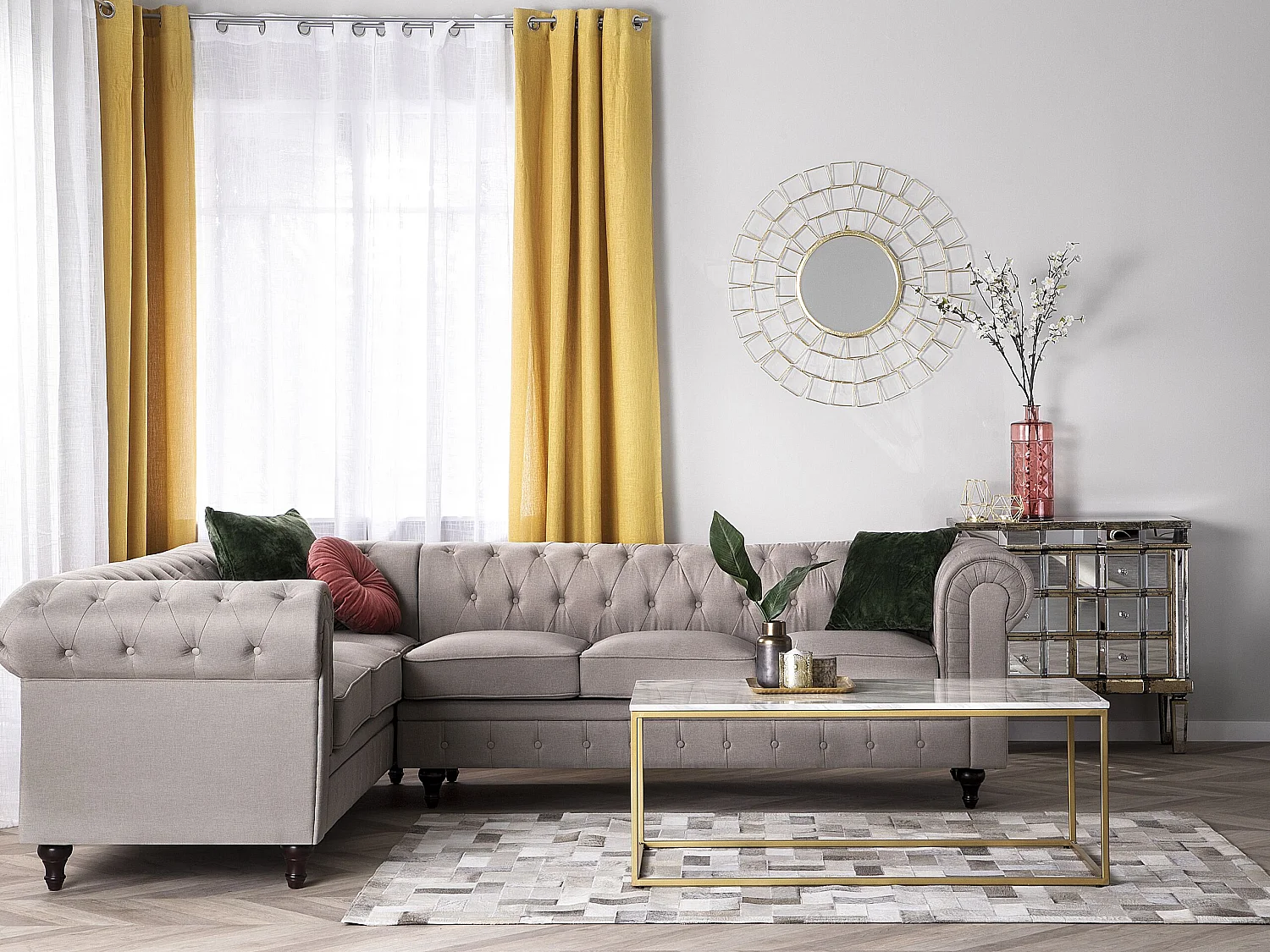 Canapé d'angle CHESTERFIELD Tissu Beige 6 places Côté droit