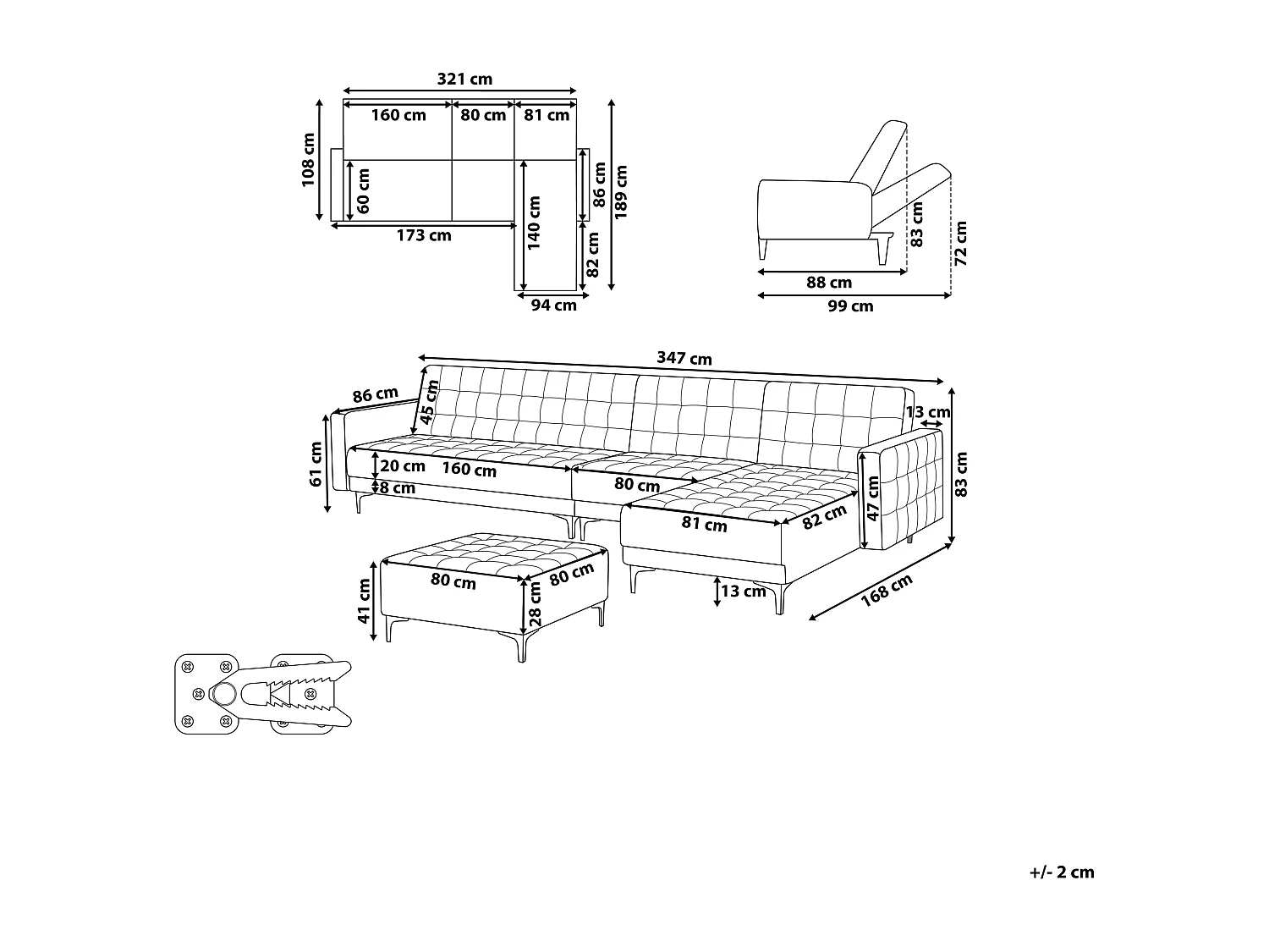 Canapé-lit d'angle modulable 5 places ABERDEEN Cuir PU Noir avec ottoman Côté droite