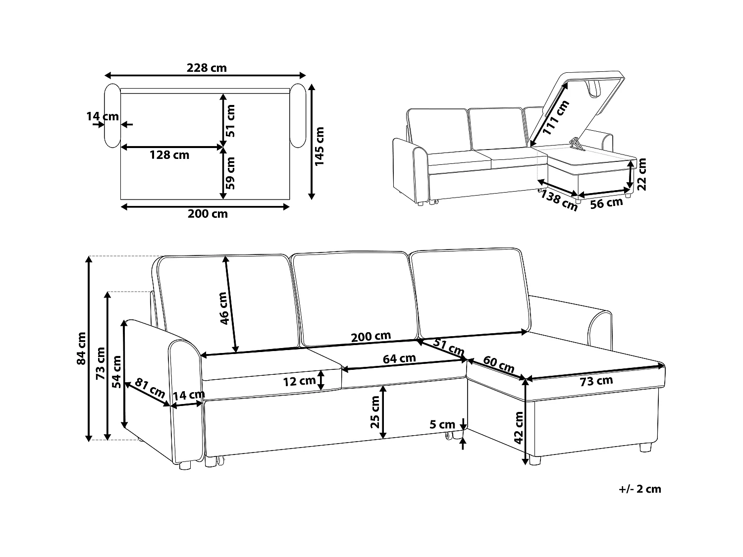 Divano letto angolare NESNA Tessuto Nero con contenitore 3 posti Lato Sinistro