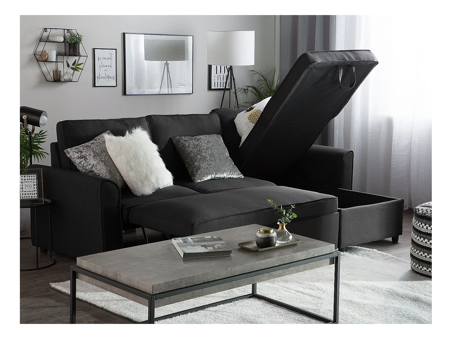 Divano letto angolare NESNA Tessuto Nero con contenitore 3 posti Lato Sinistro