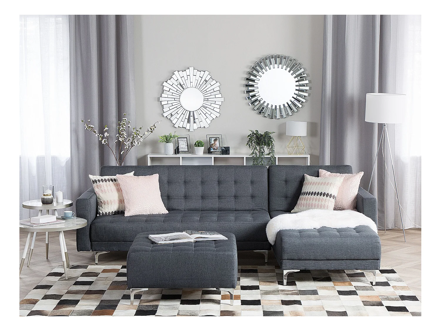 Canapé-lit d'angle modulable 4 places ABERDEEN Tissu Gris foncé avec ottoman Côté droite