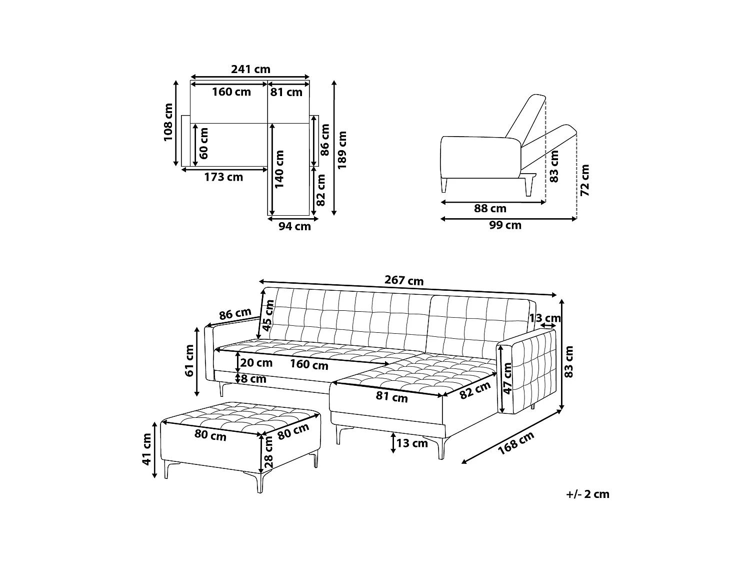 Canapé-lit d'angle modulable 4 places ABERDEEN Tissu Gris foncé avec ottoman Côté droite