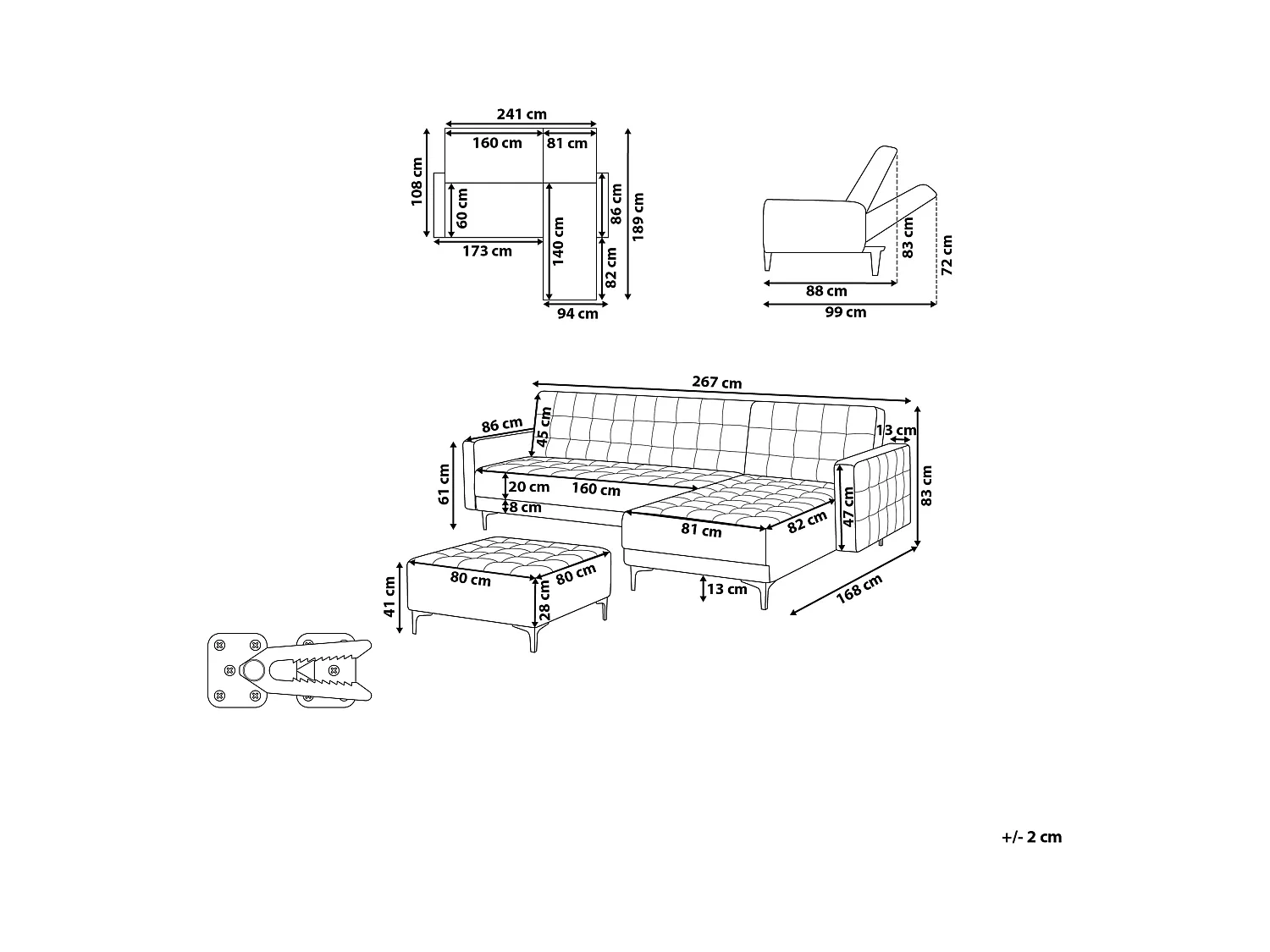 Canapé-lit d'angle modulable 4 places ABERDEEN Tissu Gris foncé avec ottoman Côté droite