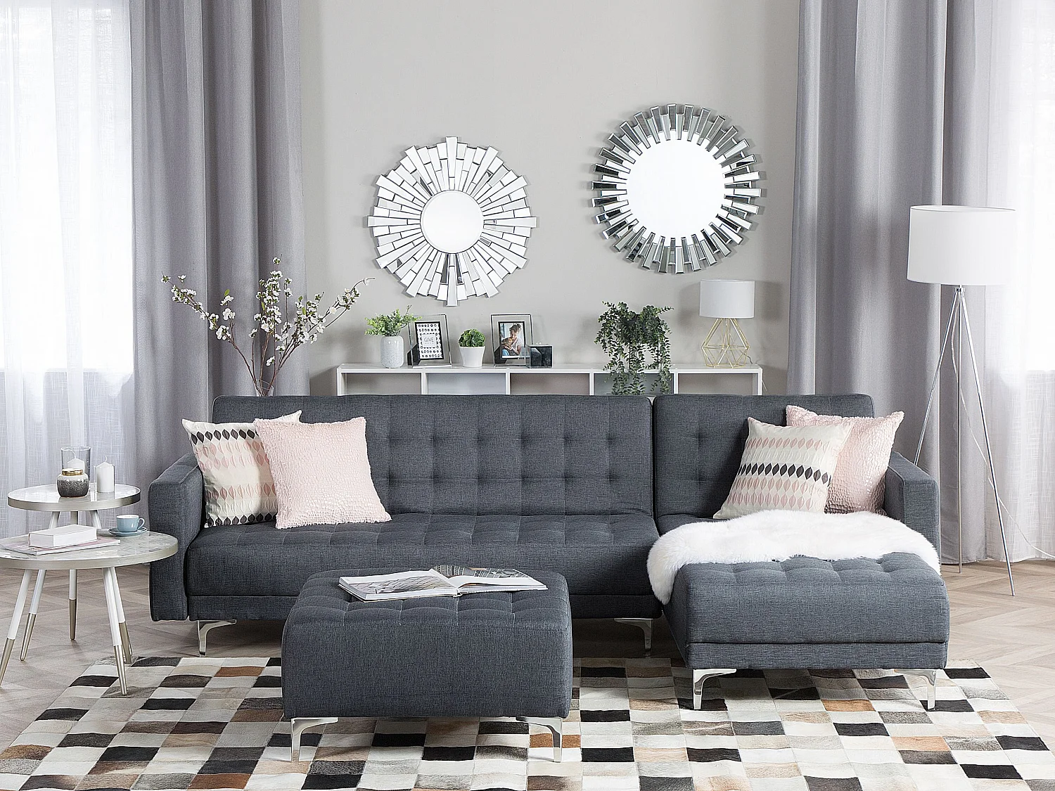 Canapé-lit d'angle modulable 4 places ABERDEEN Tissu Gris foncé avec ottoman Côté droite