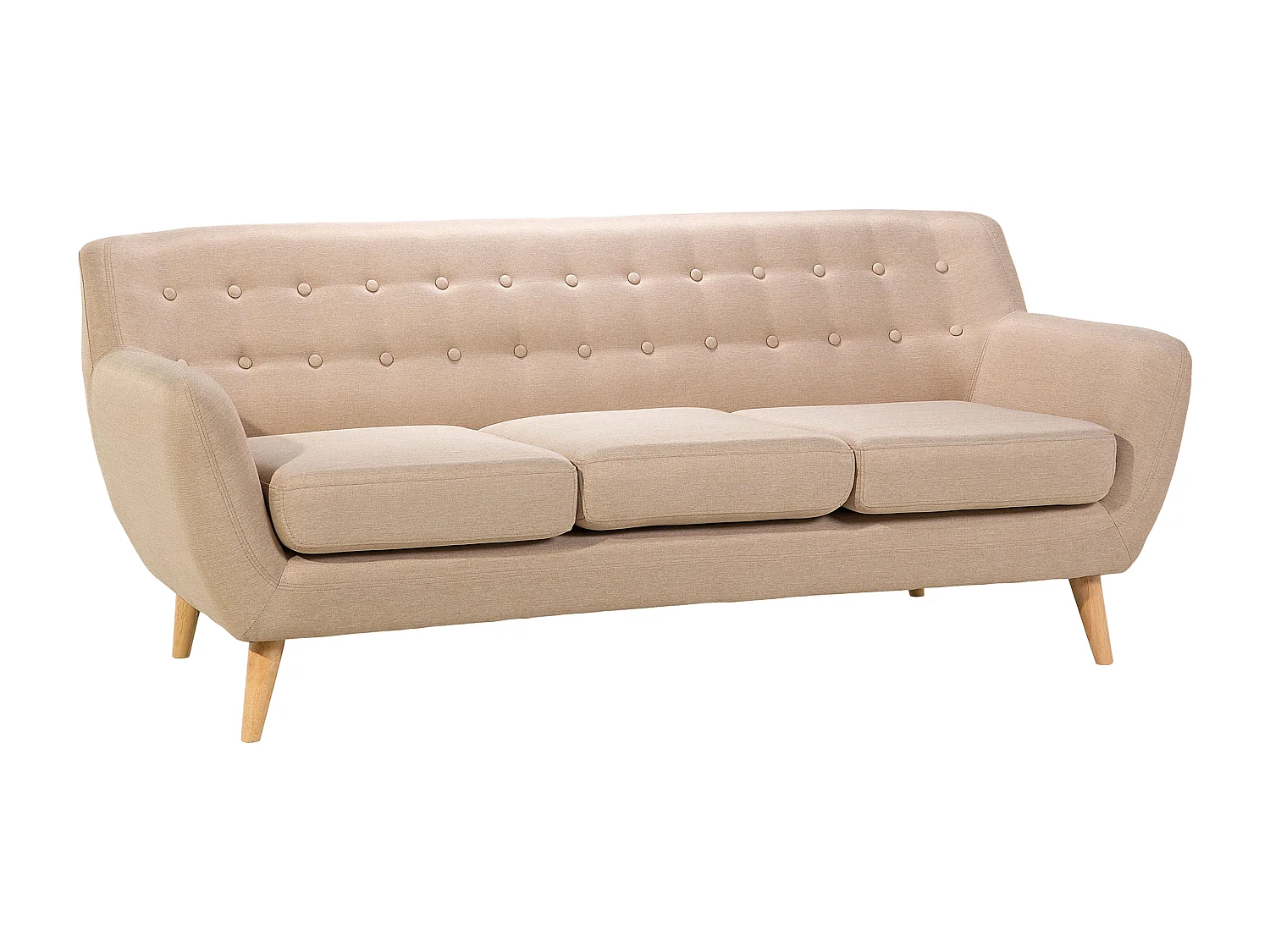 3-Sitzer Sofa mit Armlehnen Stoff Beige Knopfheftung Holzgestell Retro Motala