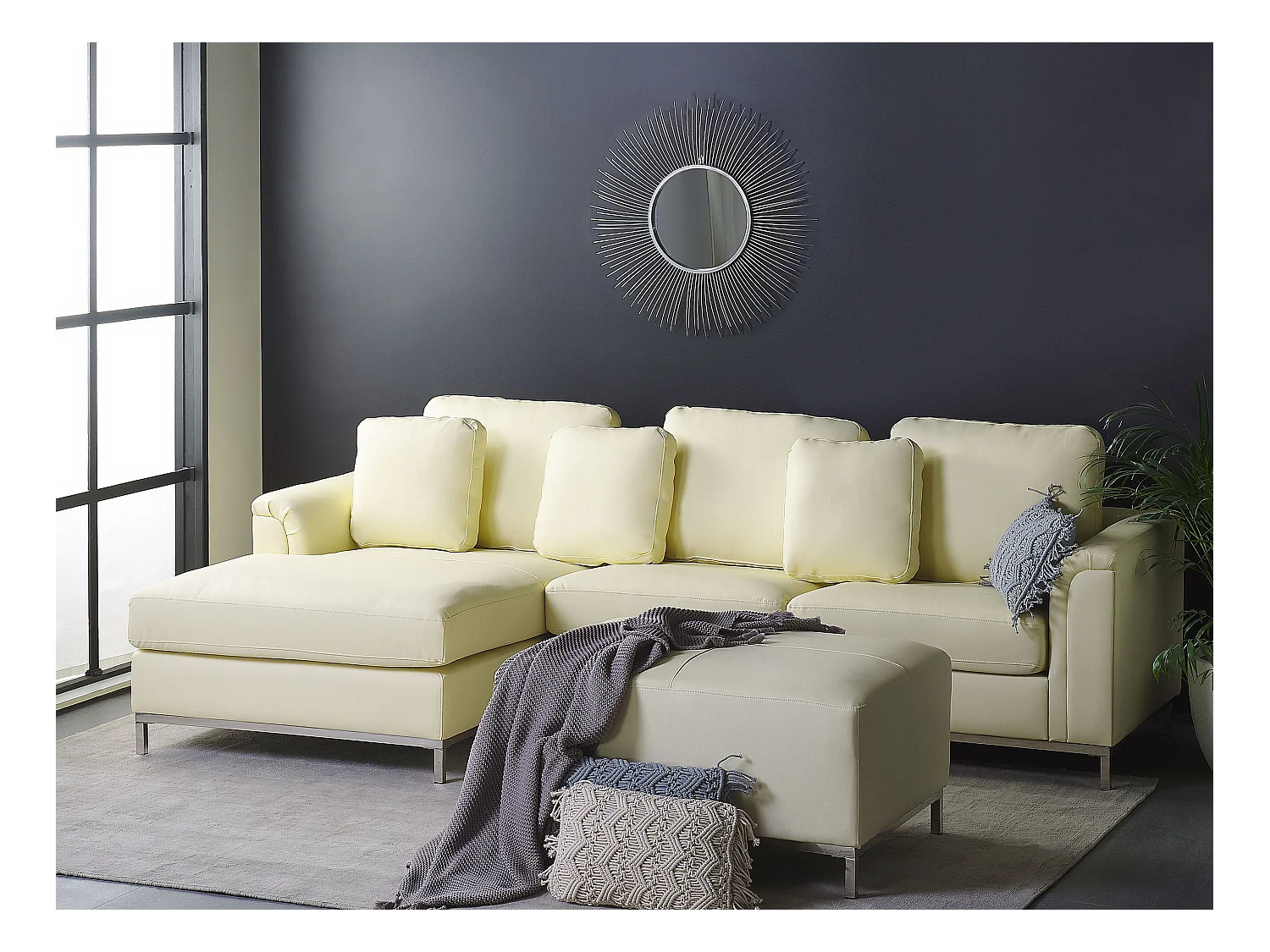 Canapé Angle à gauche en Cuir Véritable Beige et Pouf Ottoman Housses Amovibles Oslo