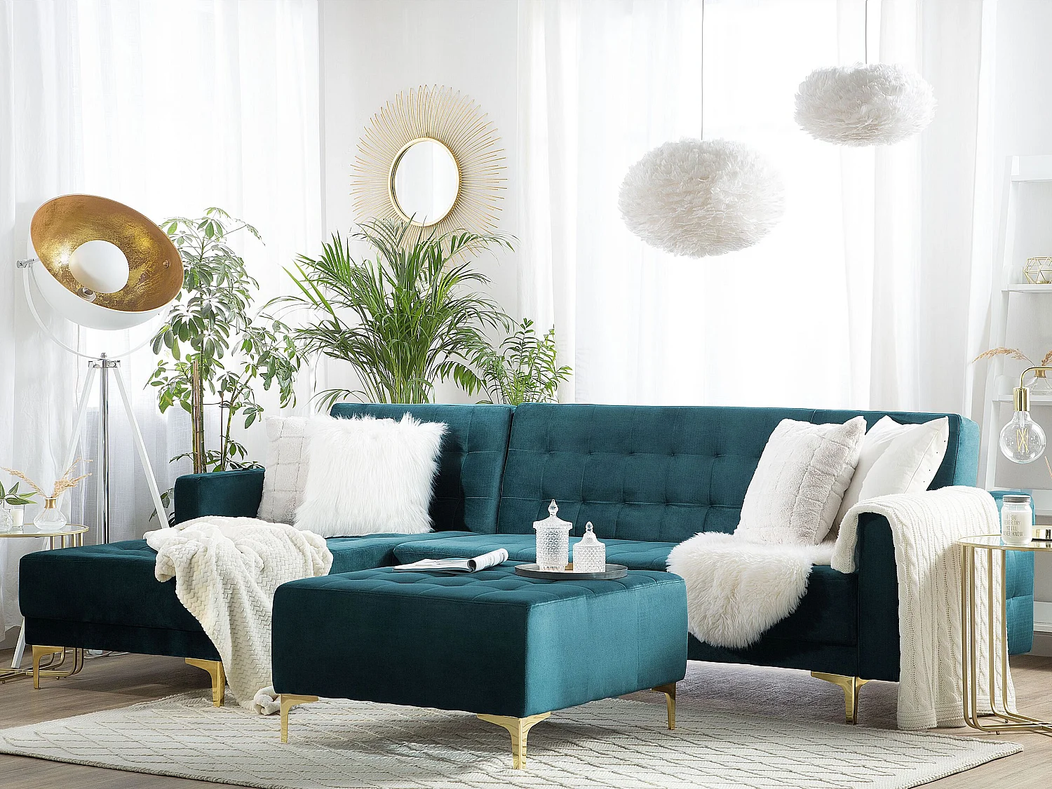 Canapé-lit d'angle modulable 4 places ABERDEEN Velours Bleu paon avec ottoman Côté droit