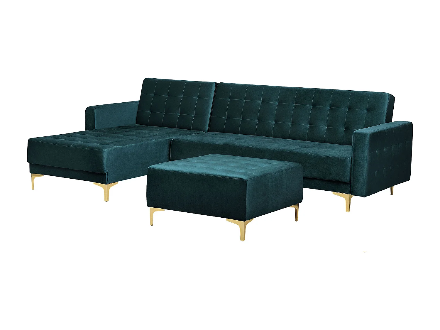 Canapé-lit d'angle modulable 4 places ABERDEEN Velours Bleu paon avec ottoman Côté droit