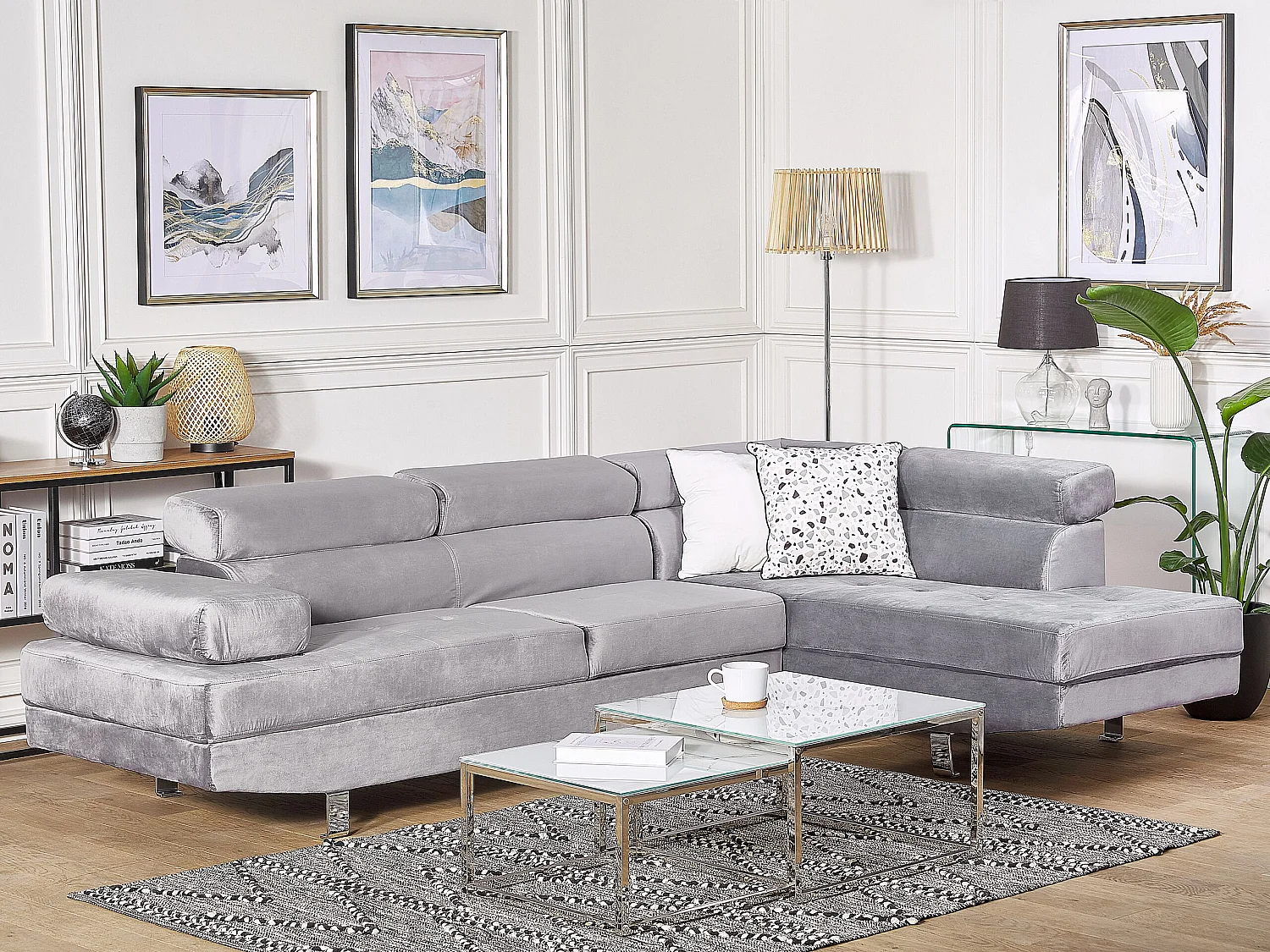 5-Sitzer Ecksofa Samt helles Grau mit Chaiselongue links modern Norrea