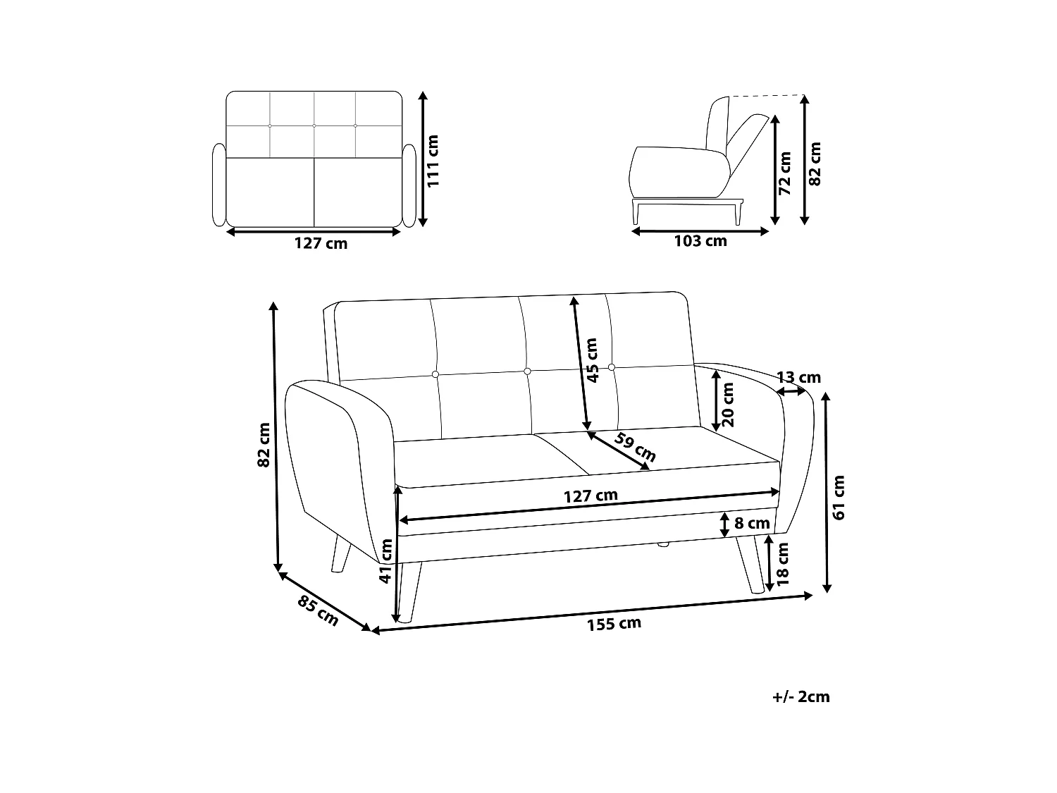 2-Sitzer Sofa Stoffbezug grau mit Schlaffunktion Holzbeine Schlafsofa Florli