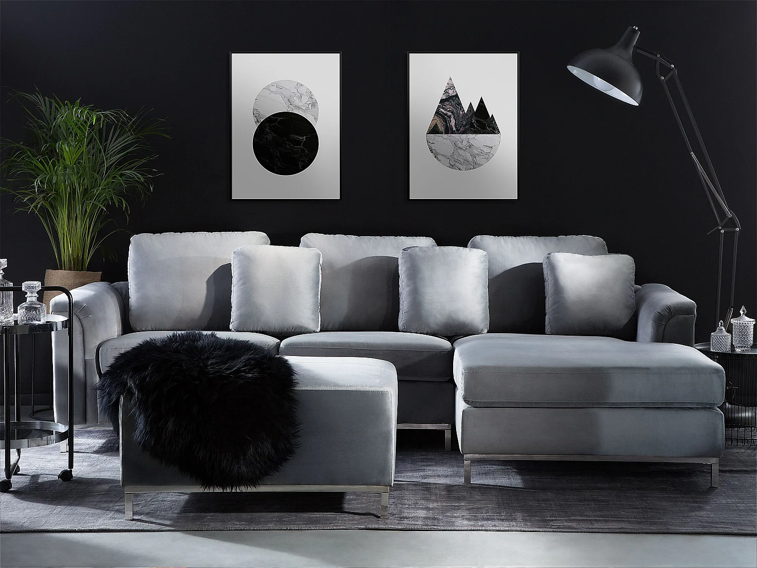 Canapé Angle à droite en Velours Gris et Pouf Ottoman Housses Amovibles Oslo