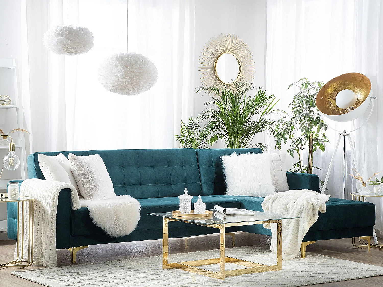 Canapé Angle à droite en Velours Bleu Paon 4 Places Dossier Réglable Aberdeen