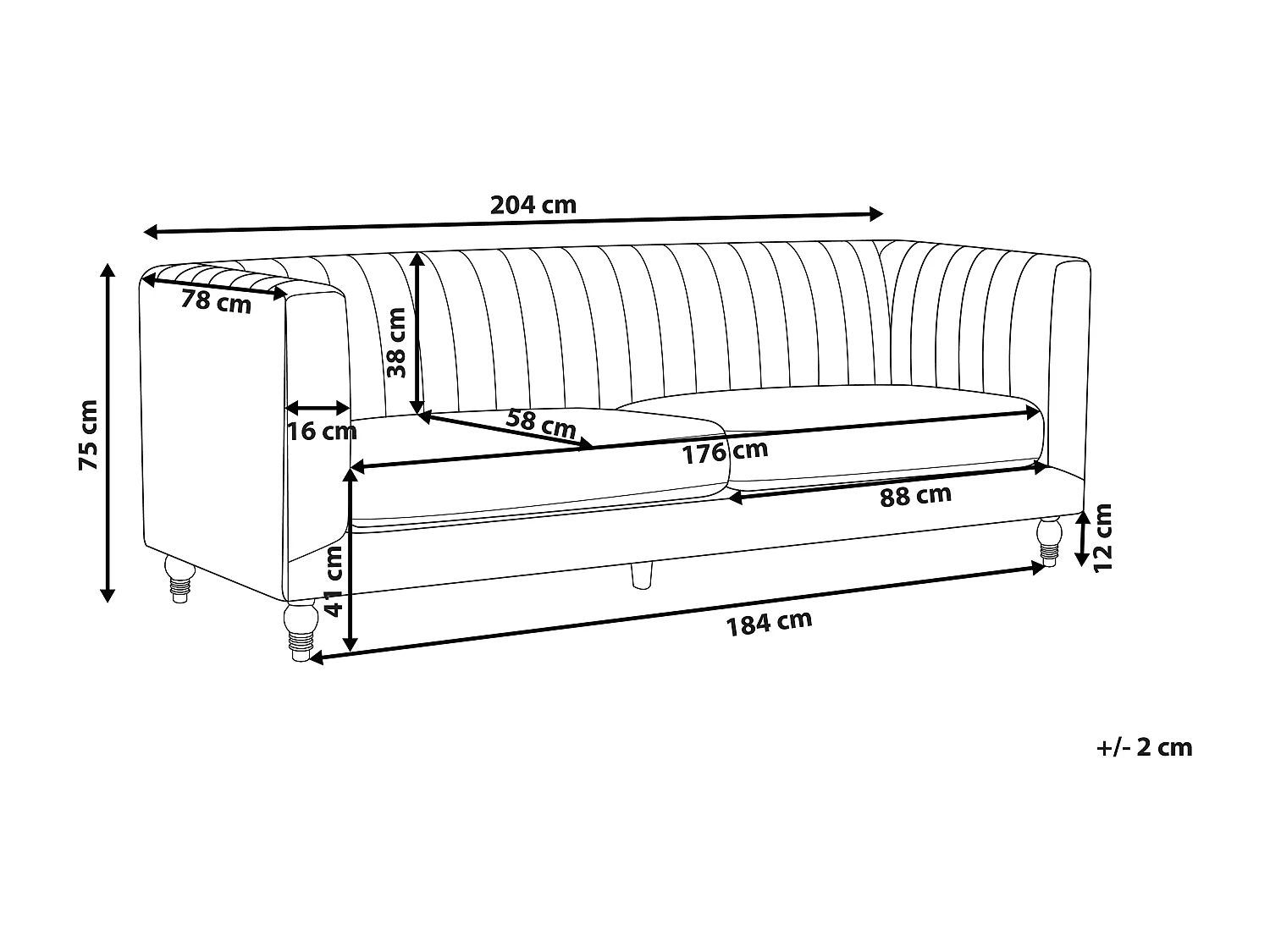 3-Sitzer Sofa Samtstoff grün gesteppt mit Acryl-Beinen dicken Sitzkissen Arvika