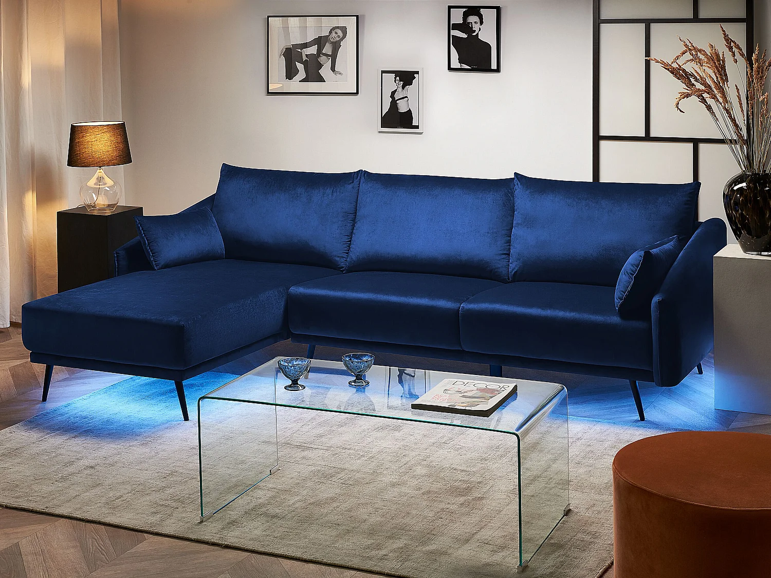 Divano angolare VARDE Velluto Blu marino LED 3 posti Lato destro