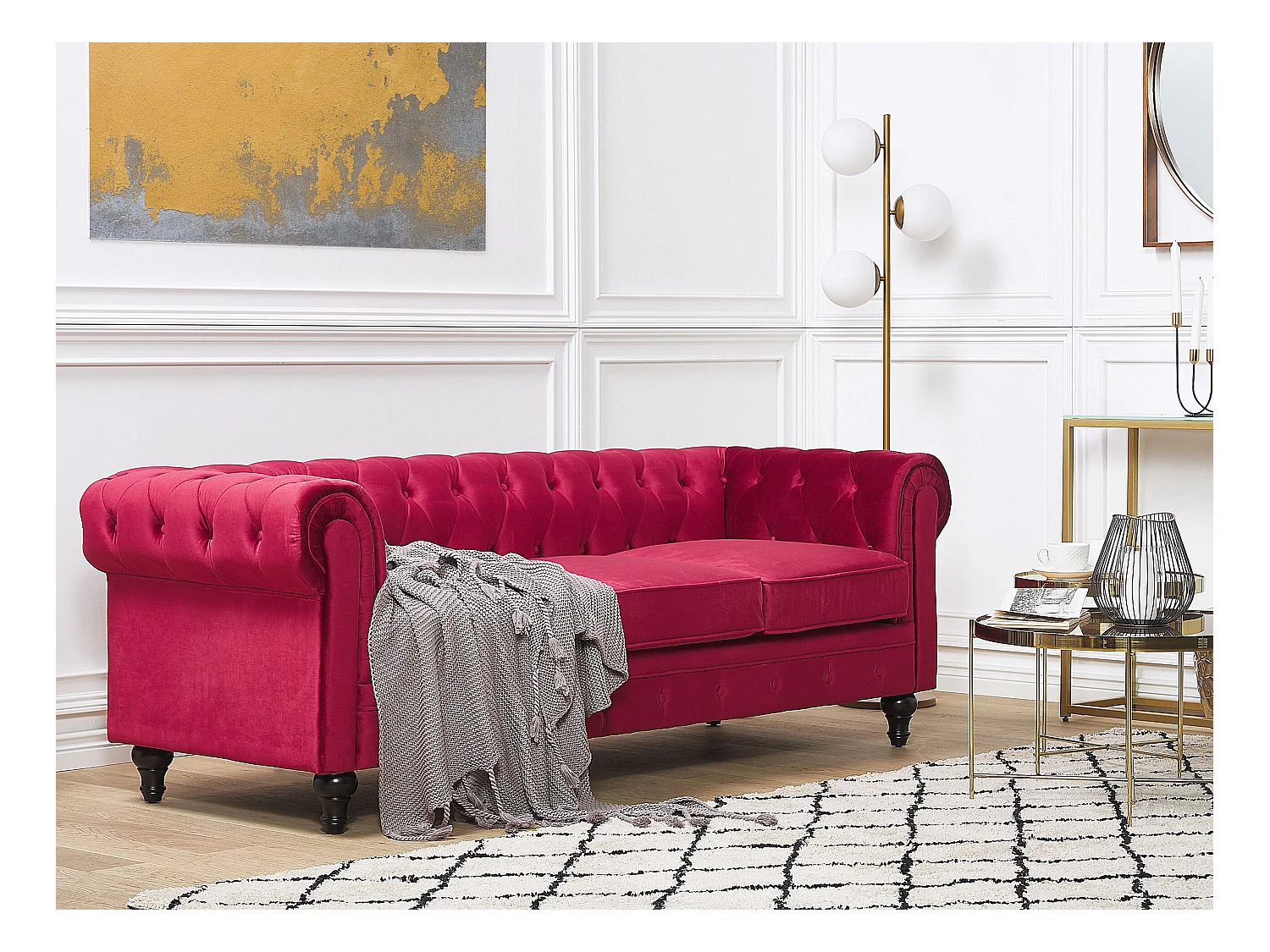 Bank CHESTERFIELD Fluweel Donkerrood 3-zitter