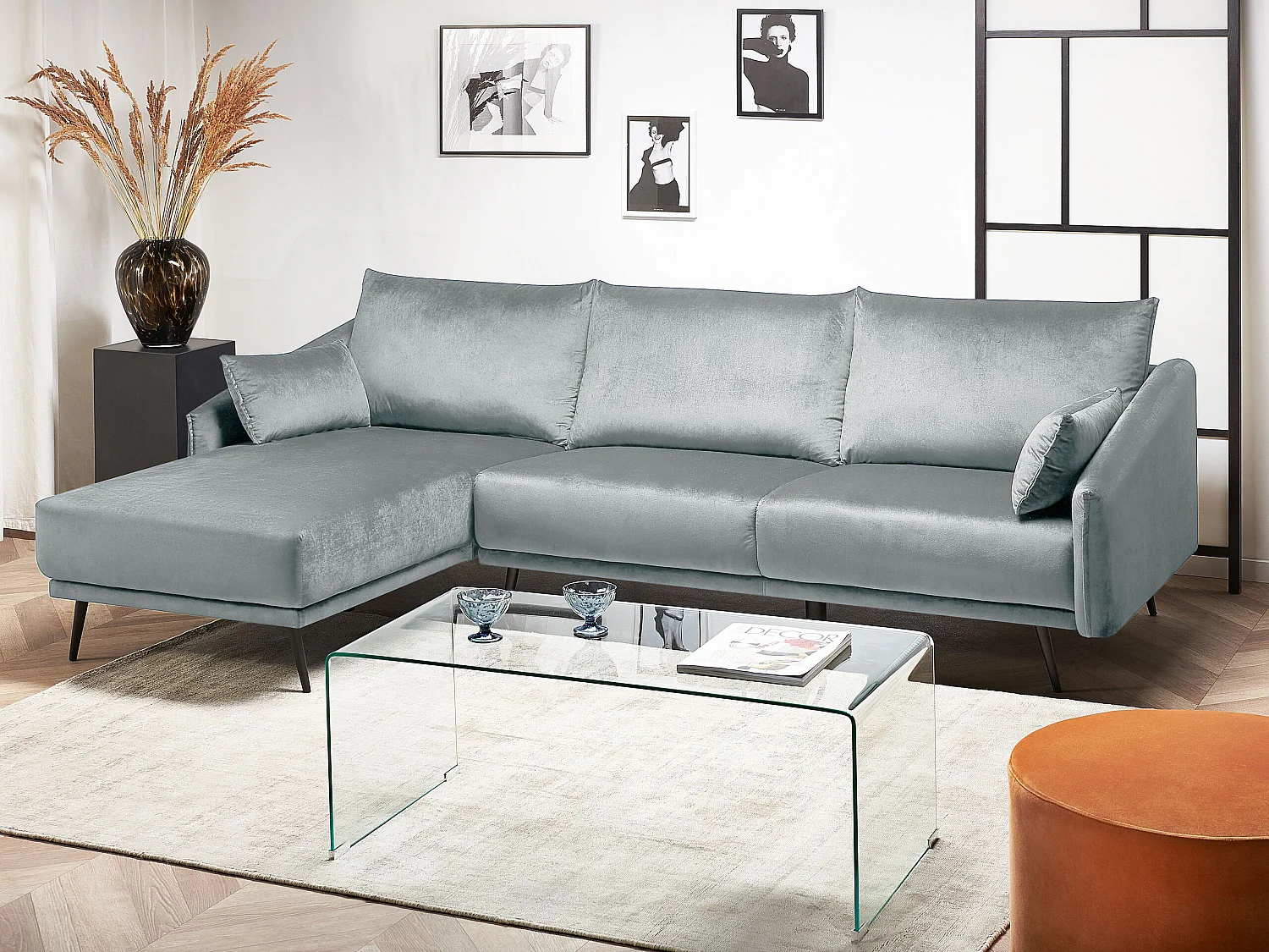 Canapé d'Angle - Varde - en Velours Gris Moderne pour 3 Personnes
