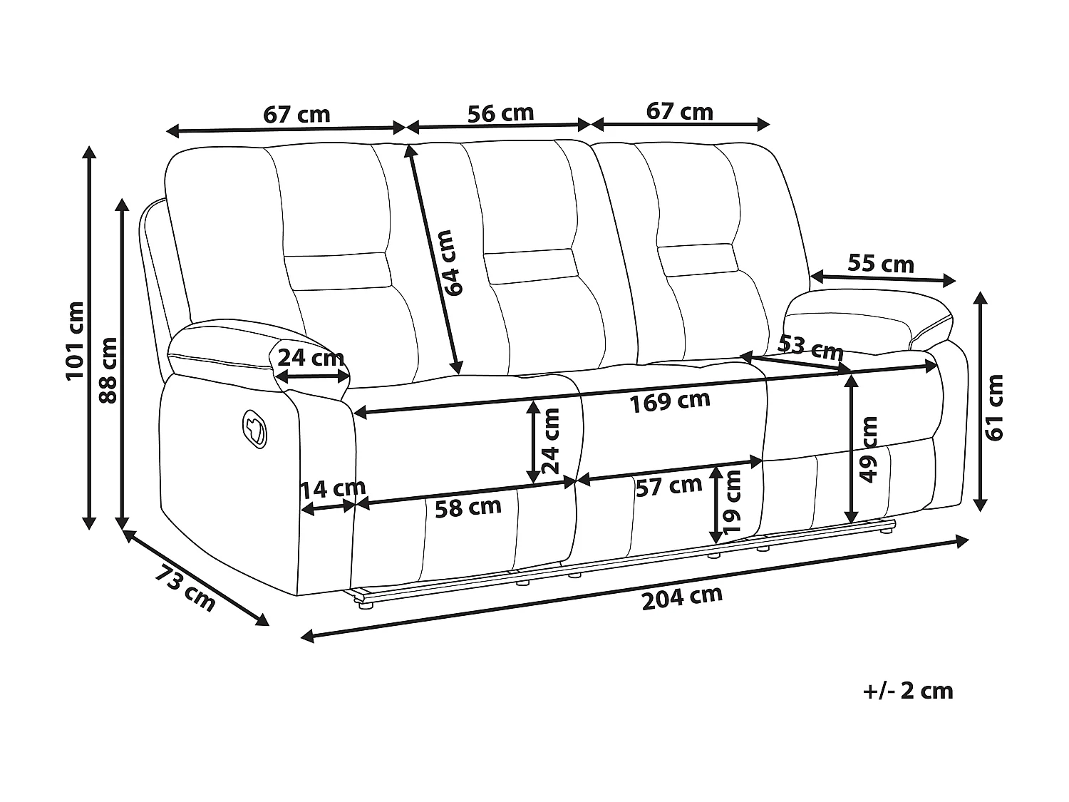 Sofa manuell verstellbar BERGEN Kunstleder Weiss 3-Sitzer