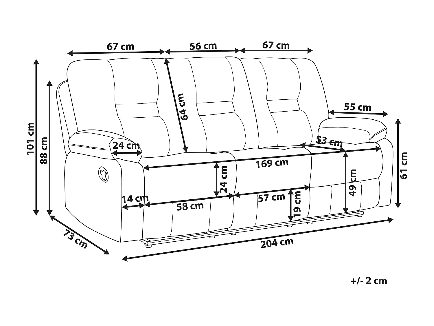 Sofa manuell verstellbar BERGEN Kunstleder Weiss 3-Sitzer