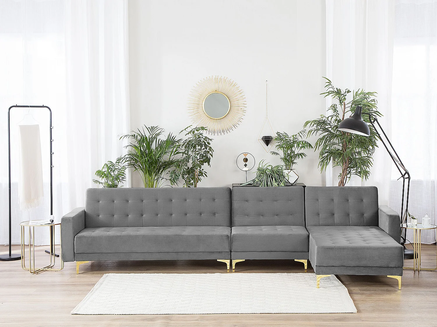 Canapé-lit d'angle modulable 5 places ABERDEEN Velours Gris Côté droite