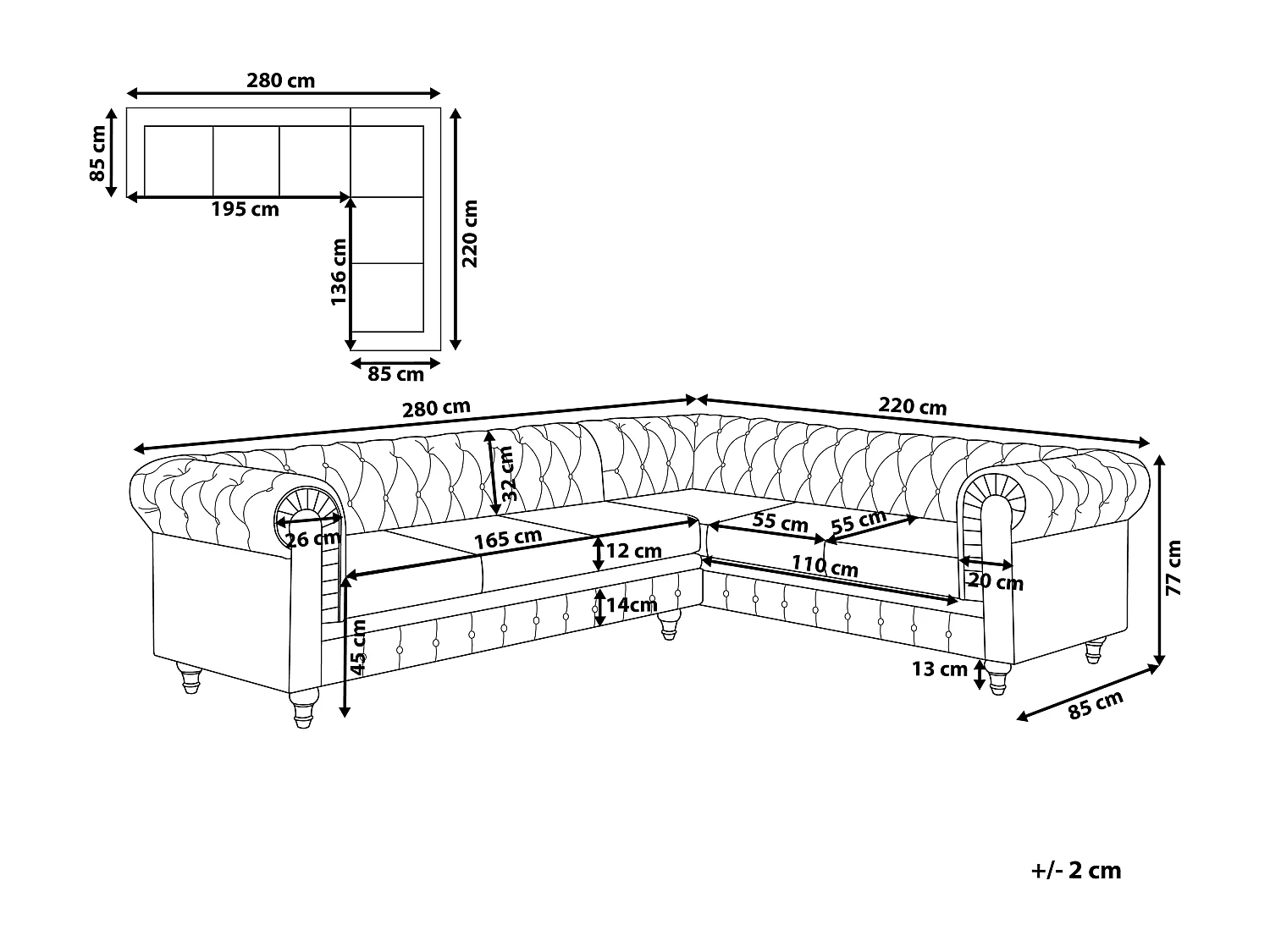 Edles Chesterfield Ecksofa rechtsseitig Polsterbezug hellgrau Chesterfield
