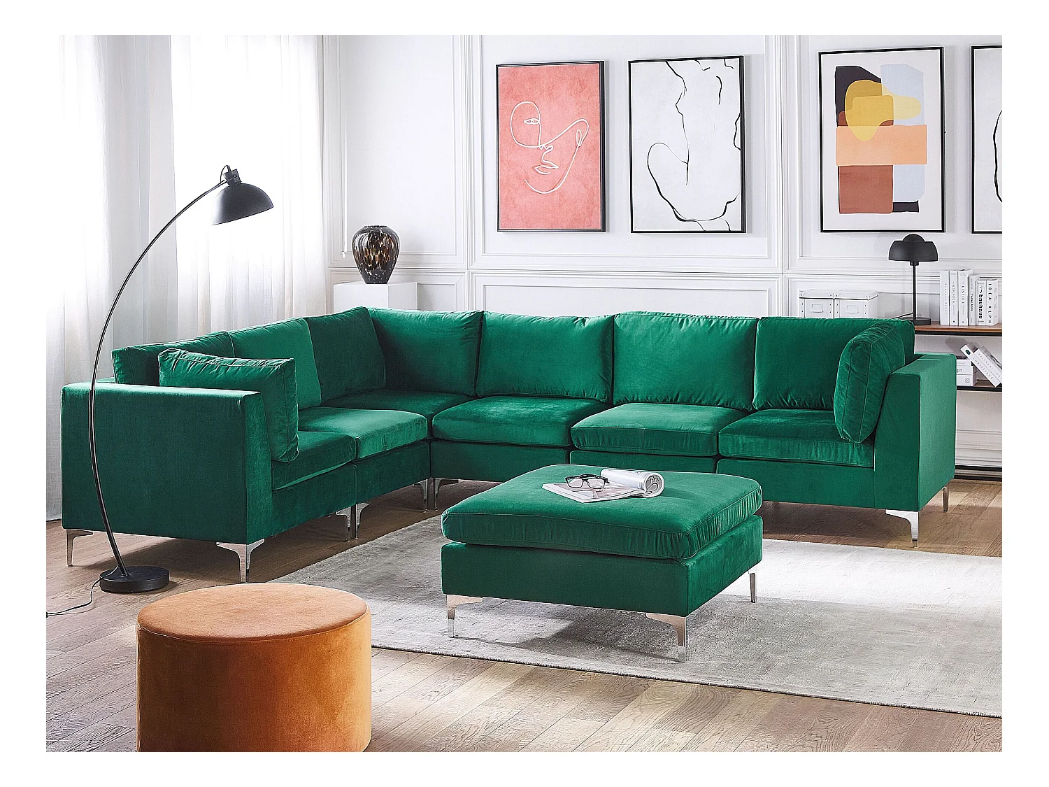 Canapé d'Angle Modulable - Evja - Côté Droit, 6 Modules et Pouf, en Velours, Vert
