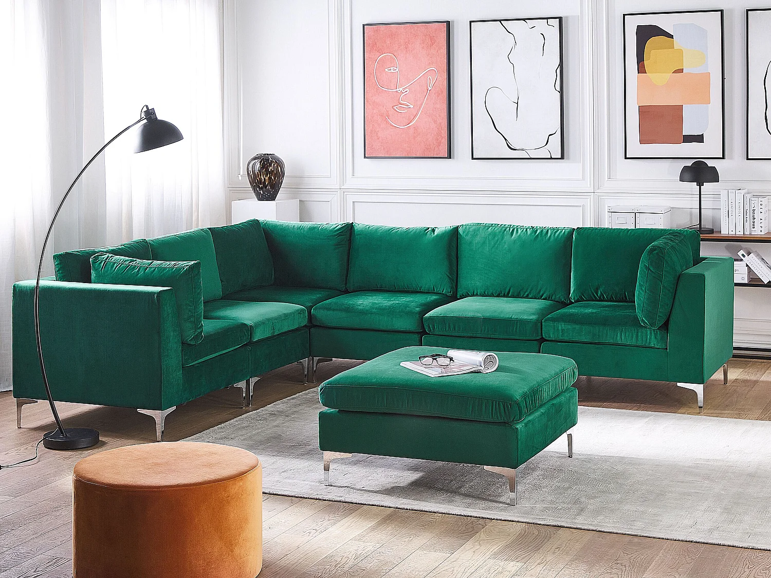 Modulaire hoekbank EVJA Fluweel Groen Met ottomaan 6-zitter Rechterzijde