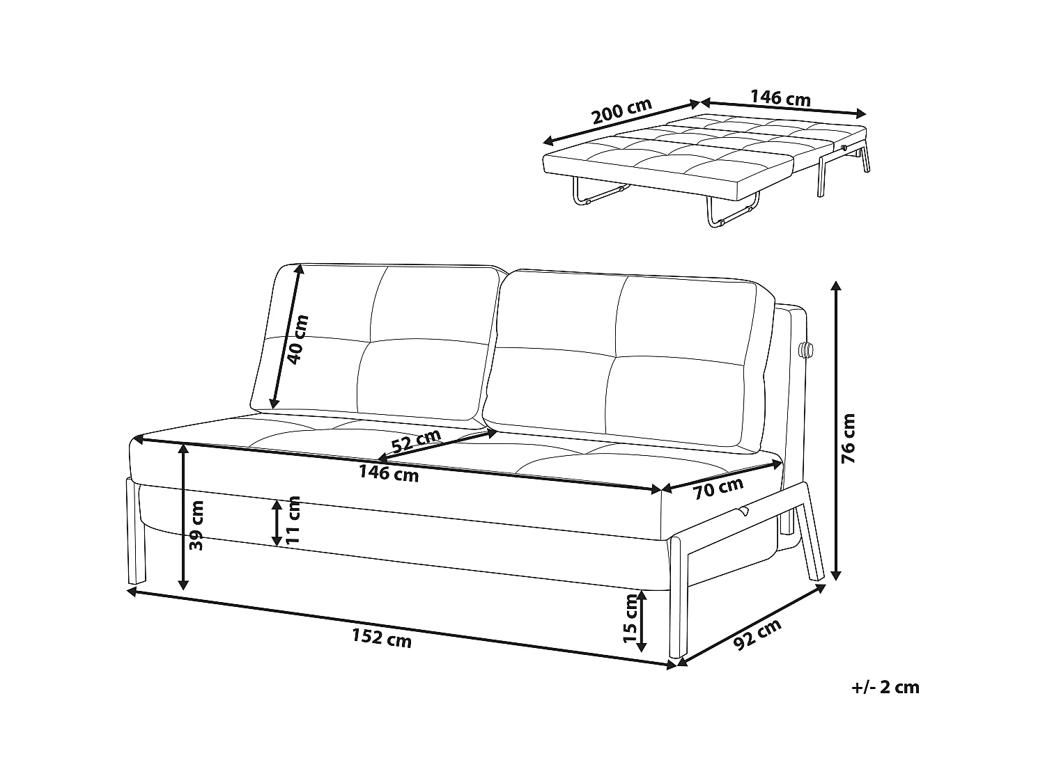 2-Sitzer Schlafsofa Stoffbezug dunkles Grau gesteppt hohe Metallbeine Edland