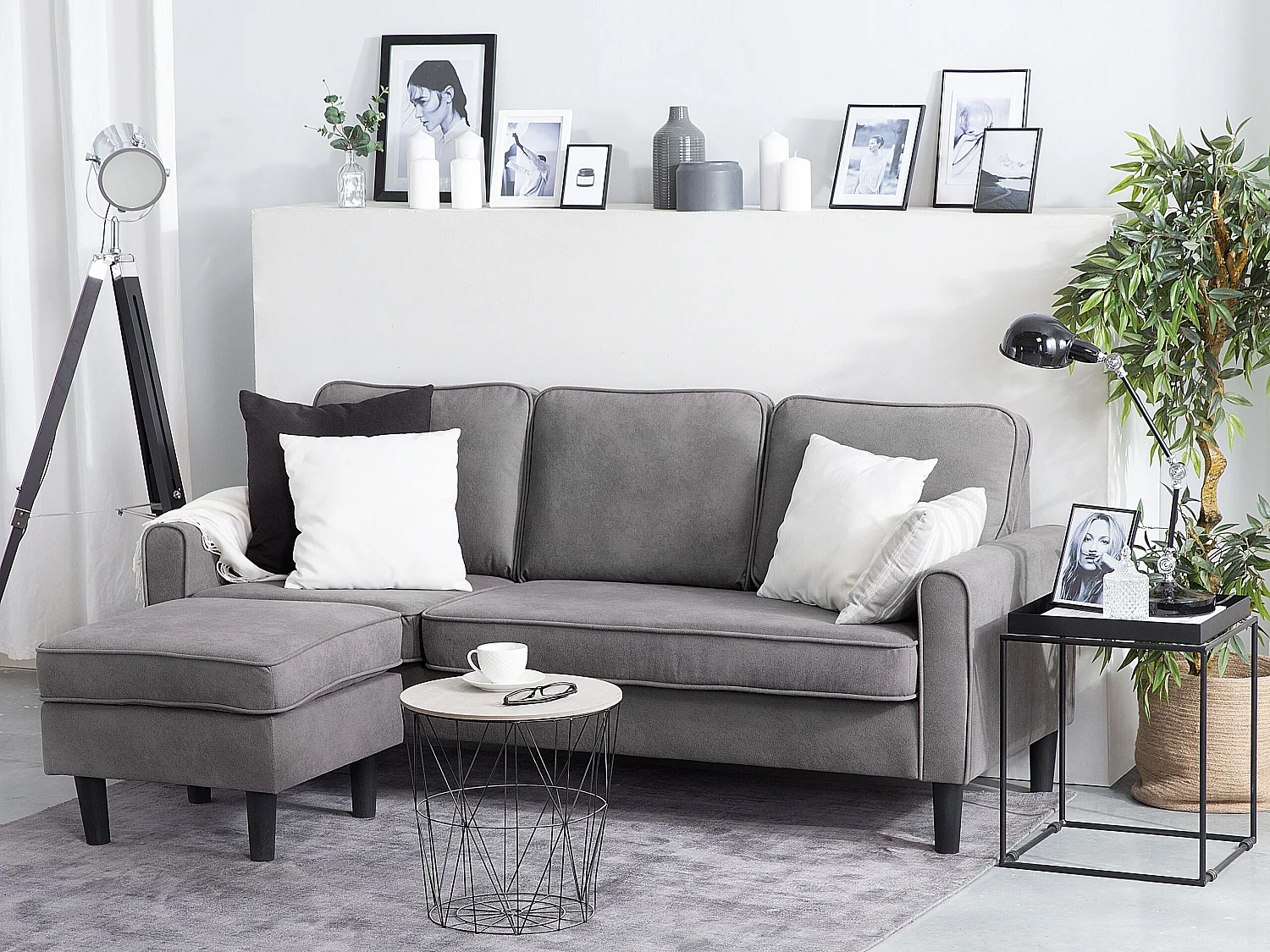 Canapé 3 places AVESTA Tissu Gris clair avec ottoman