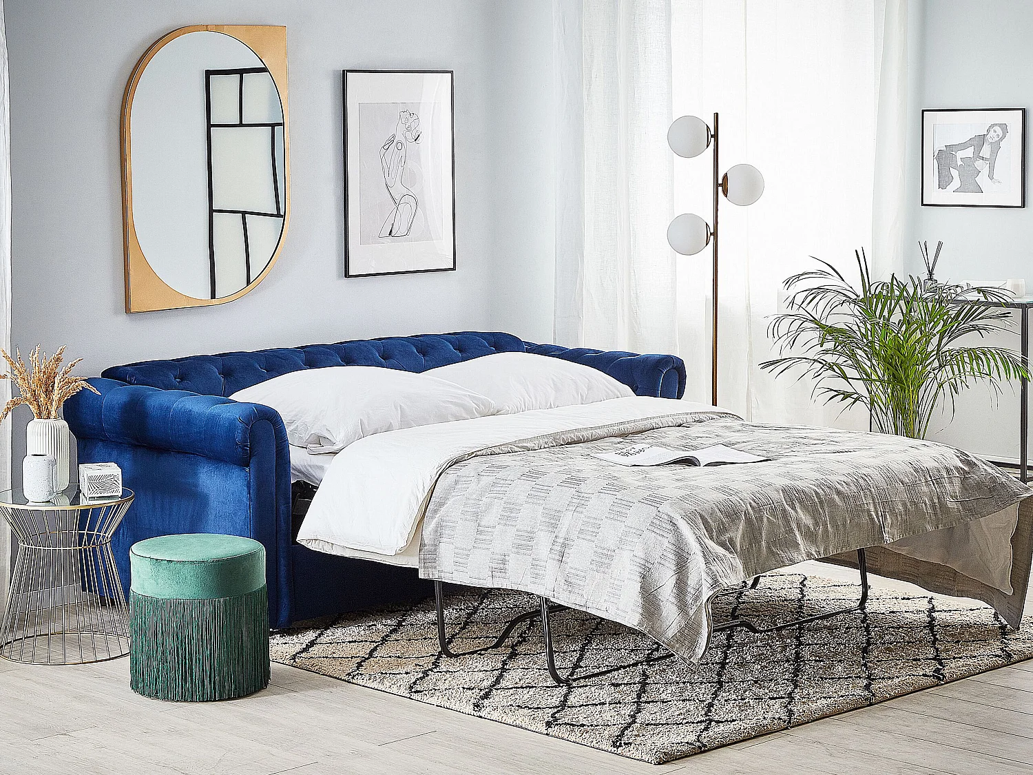 Schlafsofa CHESTERFIELD Samtstoff Blau 3-Sitzer