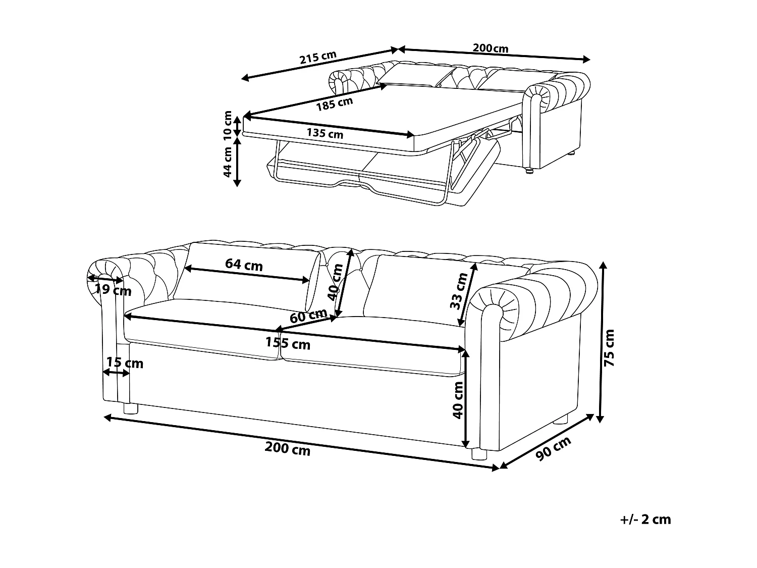Divano letto CHESTERFIELD Velluto Blu 3 posti