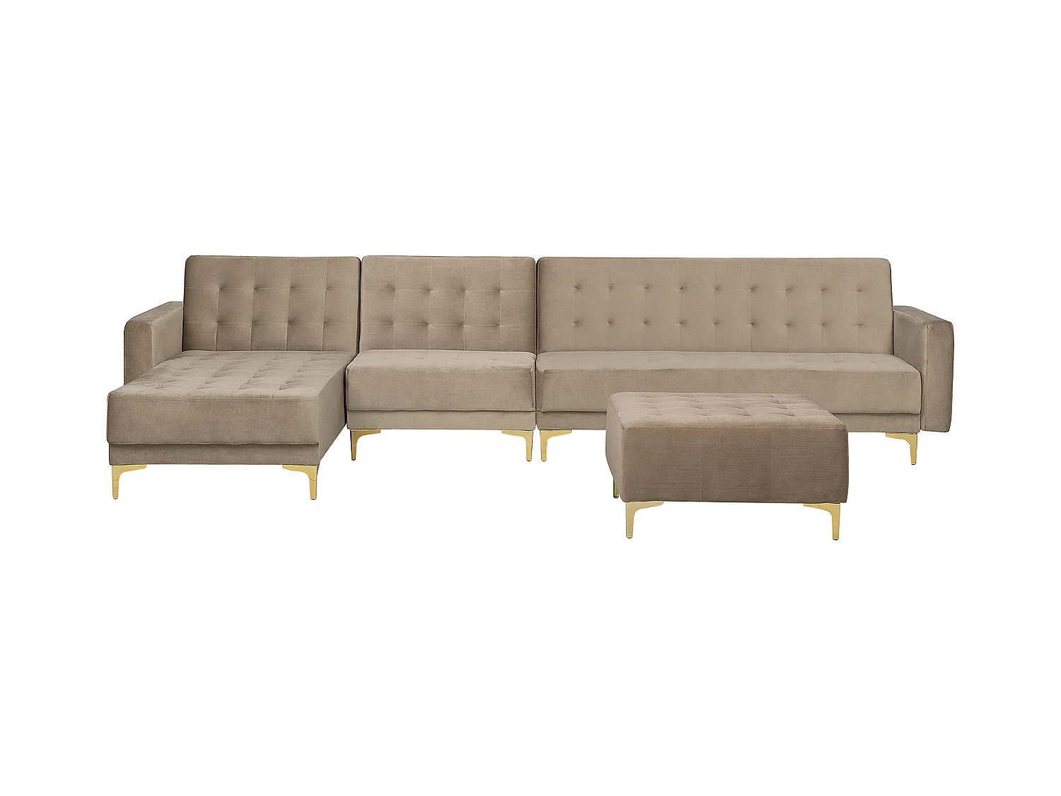 Canapé-lit d'angle modulable 5 places ABERDEEN Velours Beige sable avec ottoman Côté droit