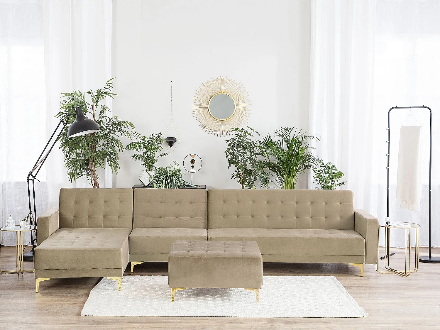 Canapé-lit d'angle modulable 5 places ABERDEEN Velours Beige sable avec ottoman Côté droit