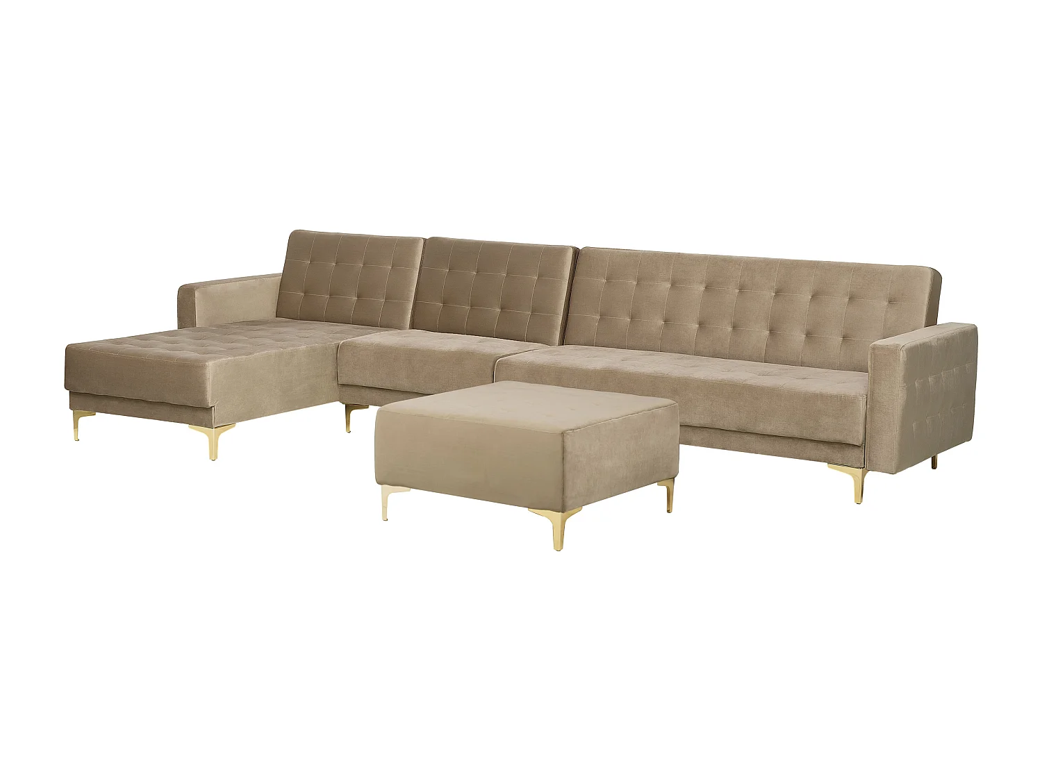 Canapé-lit d'angle modulable 5 places ABERDEEN Velours Beige sable avec ottoman Côté droit